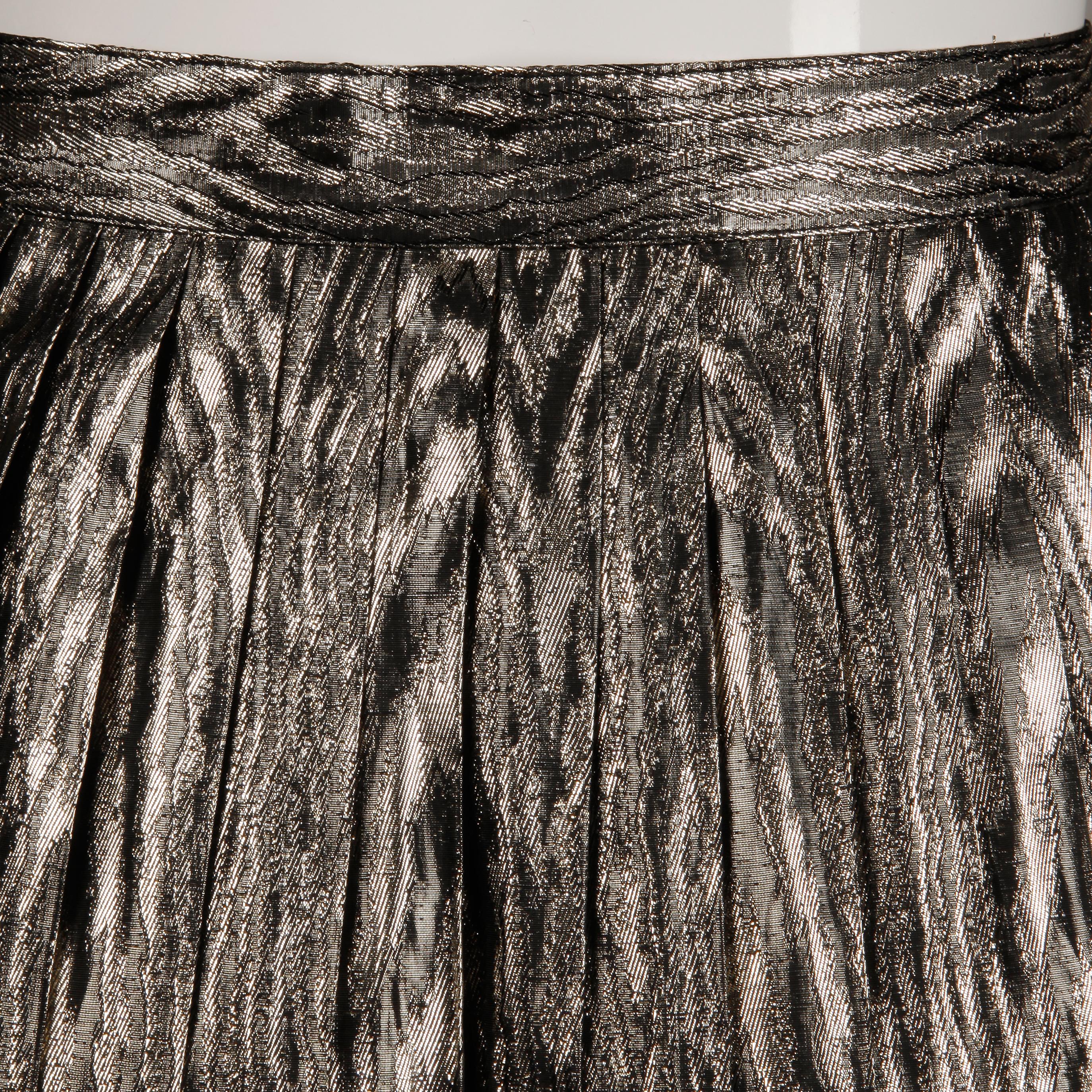 Women's 1970s Christian Aujard Vintage Metallic Gold Lame Moire Pleated Midi Skirt