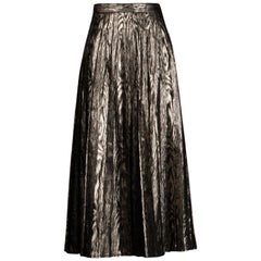 1970s Christian Aujard Vintage Metallic Gold Lame Moire Pleated Midi Skirt