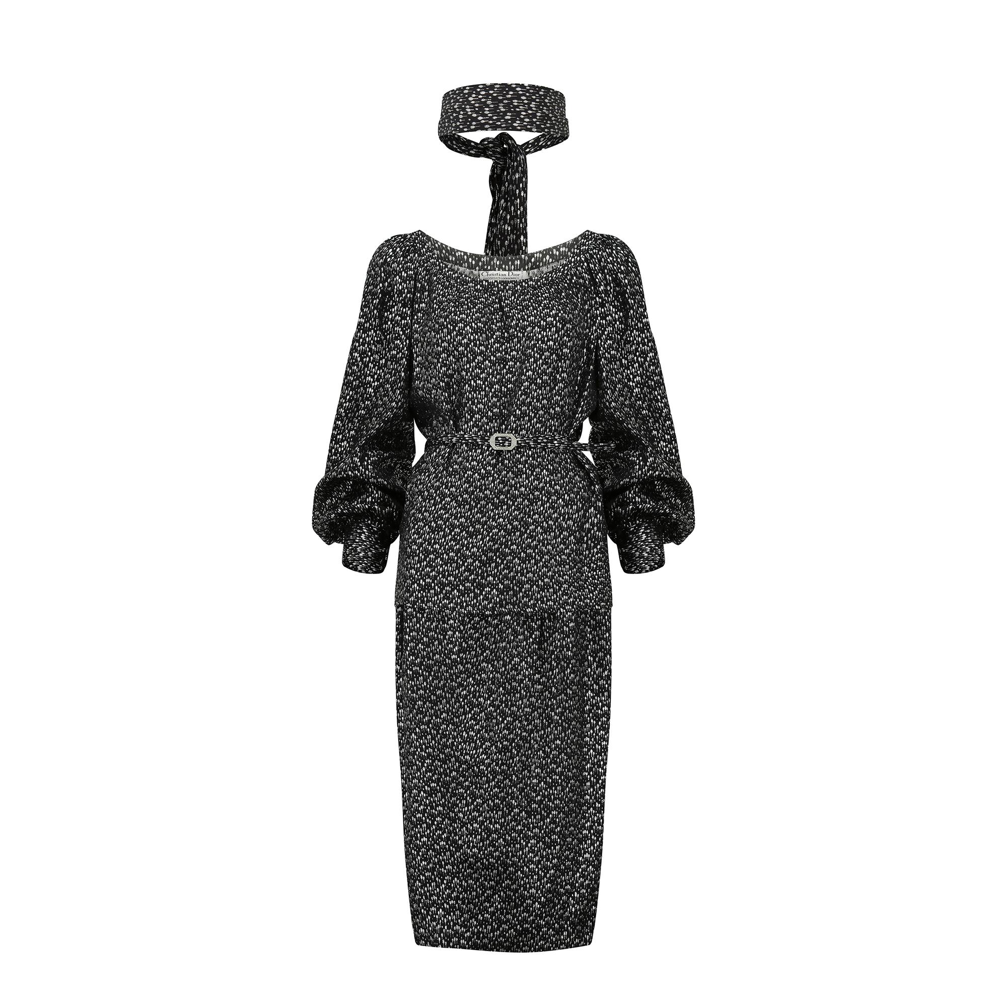 1970s Christian Dior Black and Silver Lame Skirt Suit (4 pieces) For Sale 1