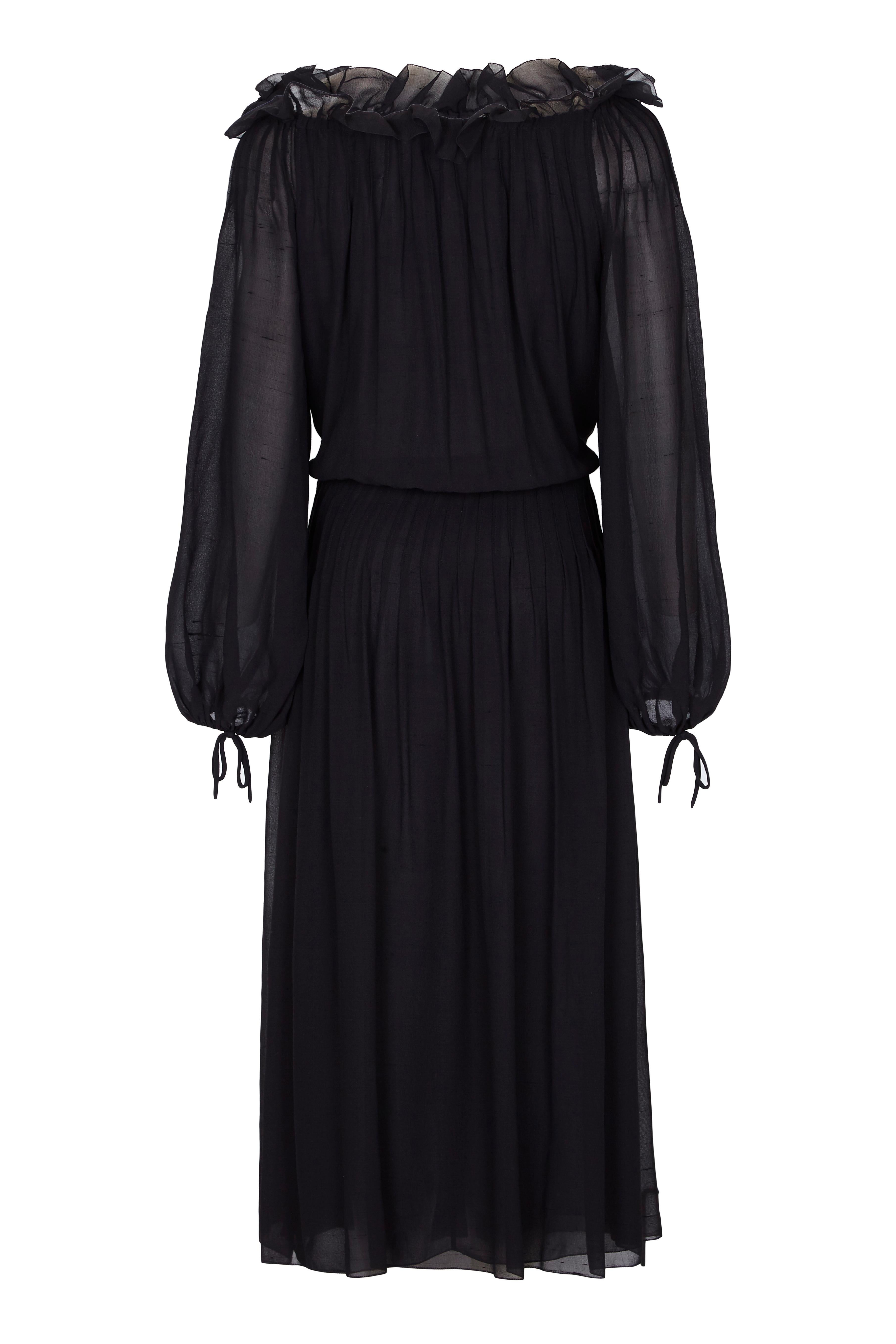 1970s Christian Dior Boutique Couture Label Black Silk Chiffon Dress In Excellent Condition In London, GB