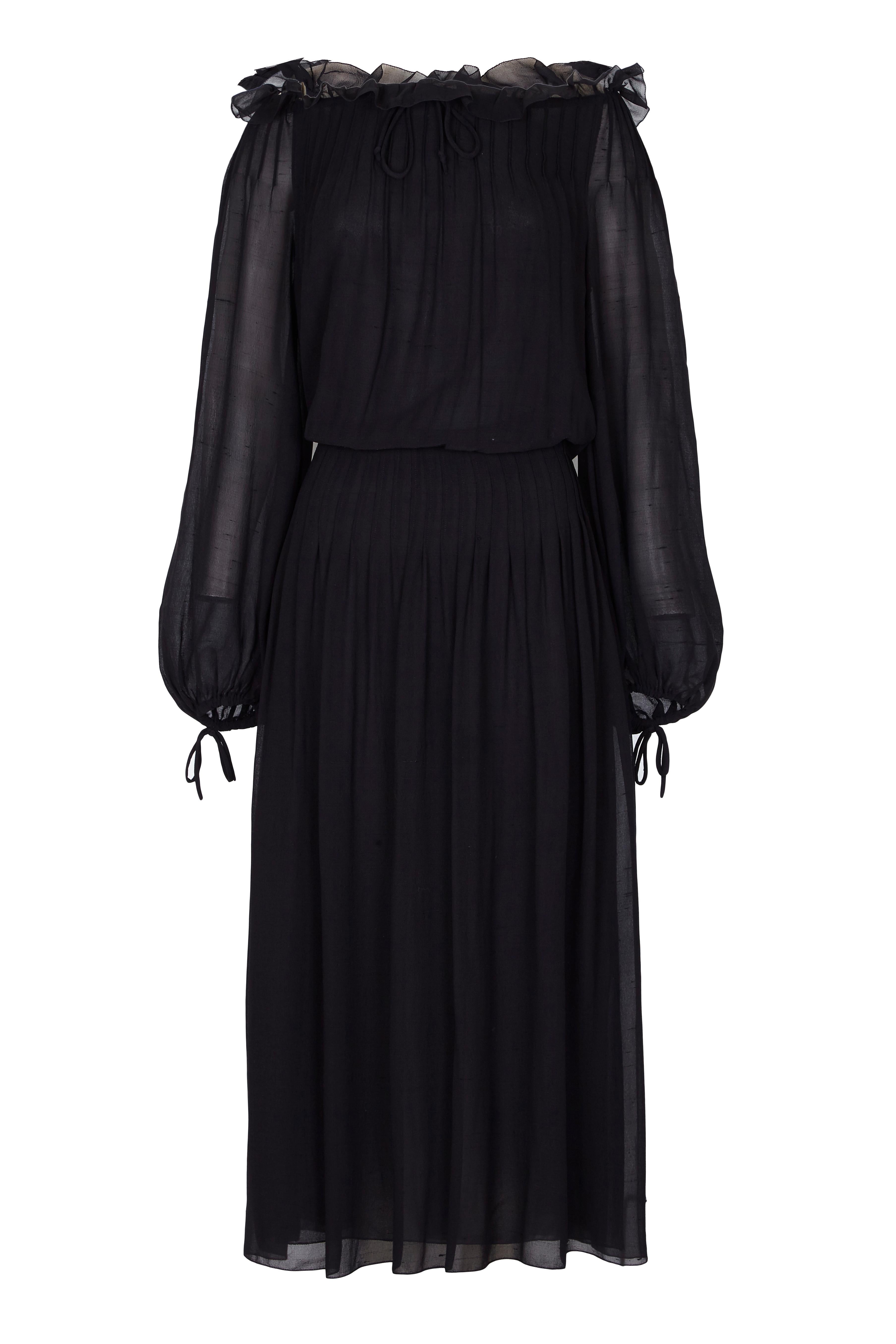 Women's 1970s Christian Dior Boutique Couture Label Black Silk Chiffon Dress