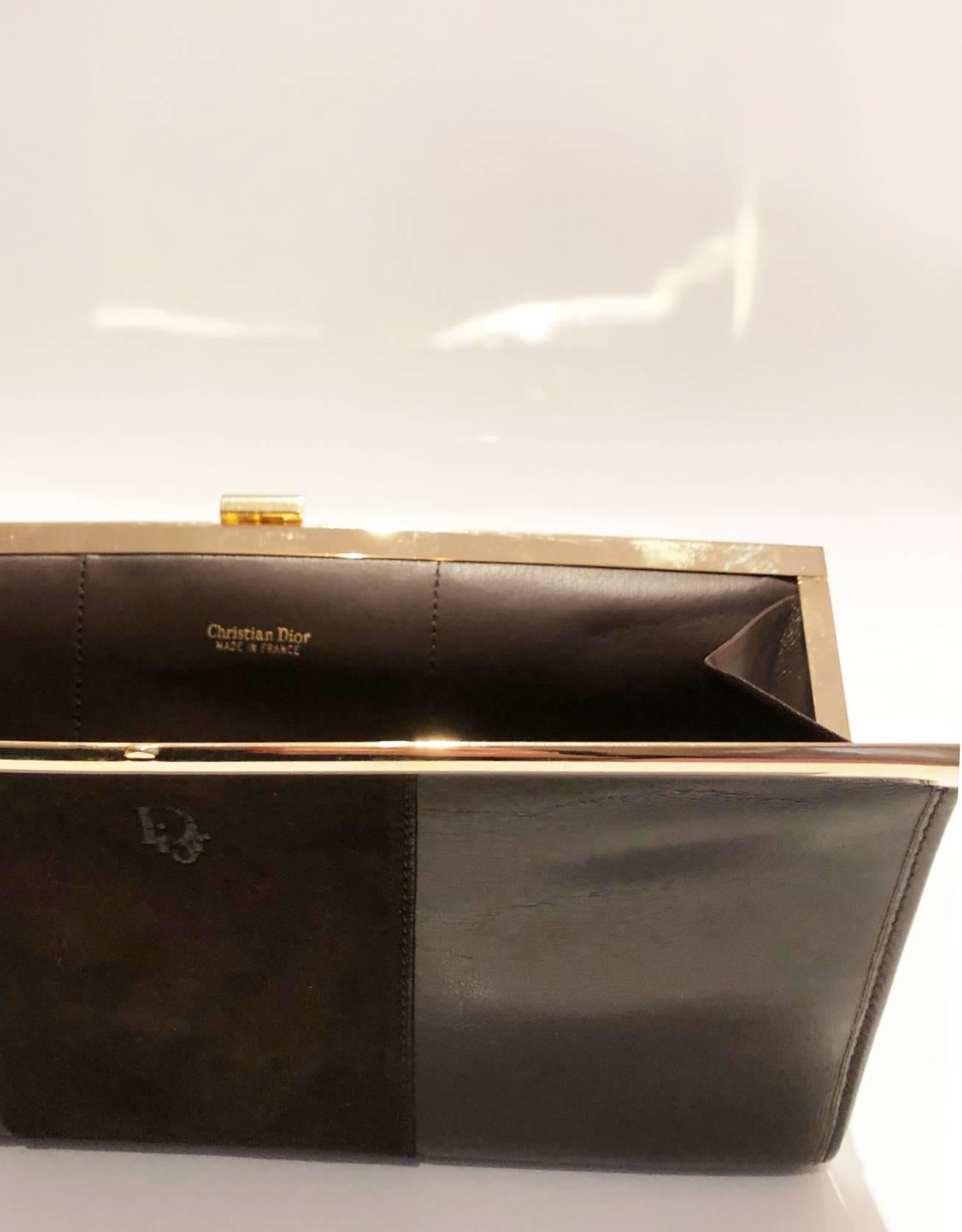 Black 1970s Christian Dior Brown Leather Suede Clutch Bag 