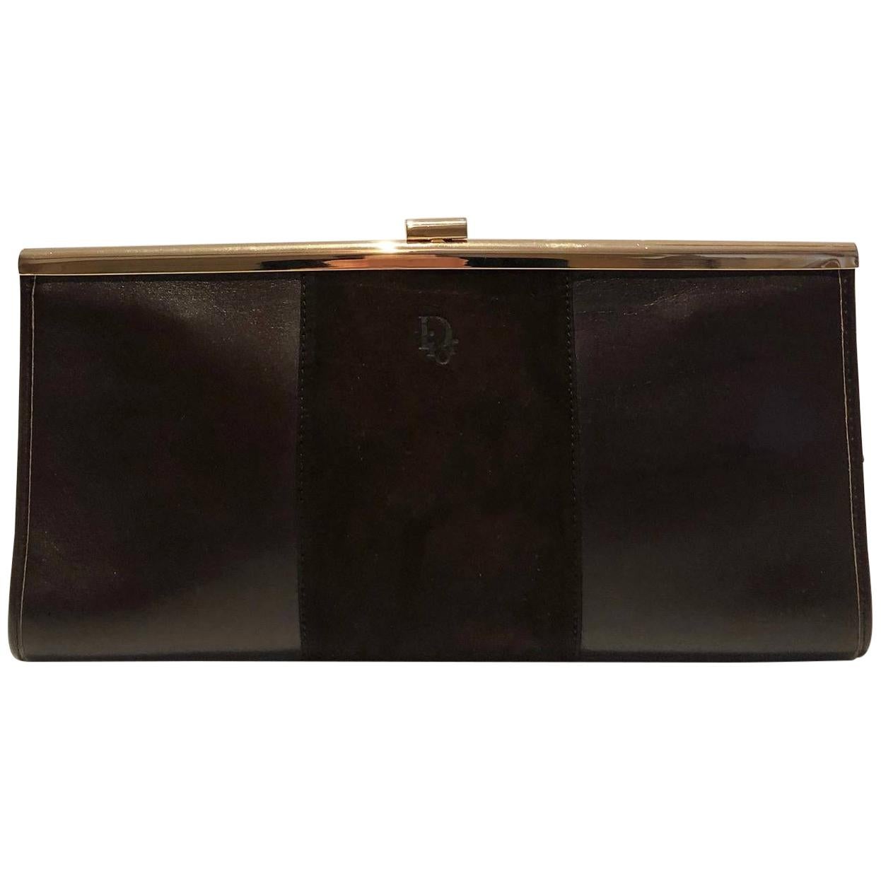 1970s Christian Dior Brown Leather Suede Clutch Bag 
