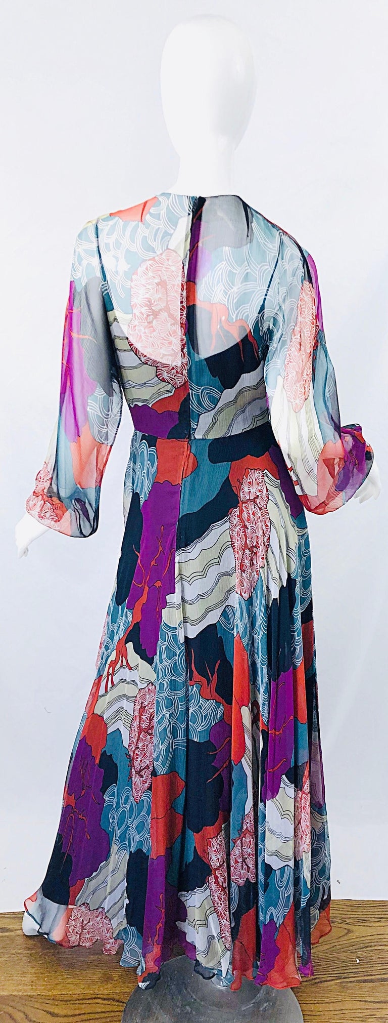 1970s Christian Dior By Marc Bohan Hiroshige Wave Silk Chiffon Vintage 70s Gown For Sale 7
