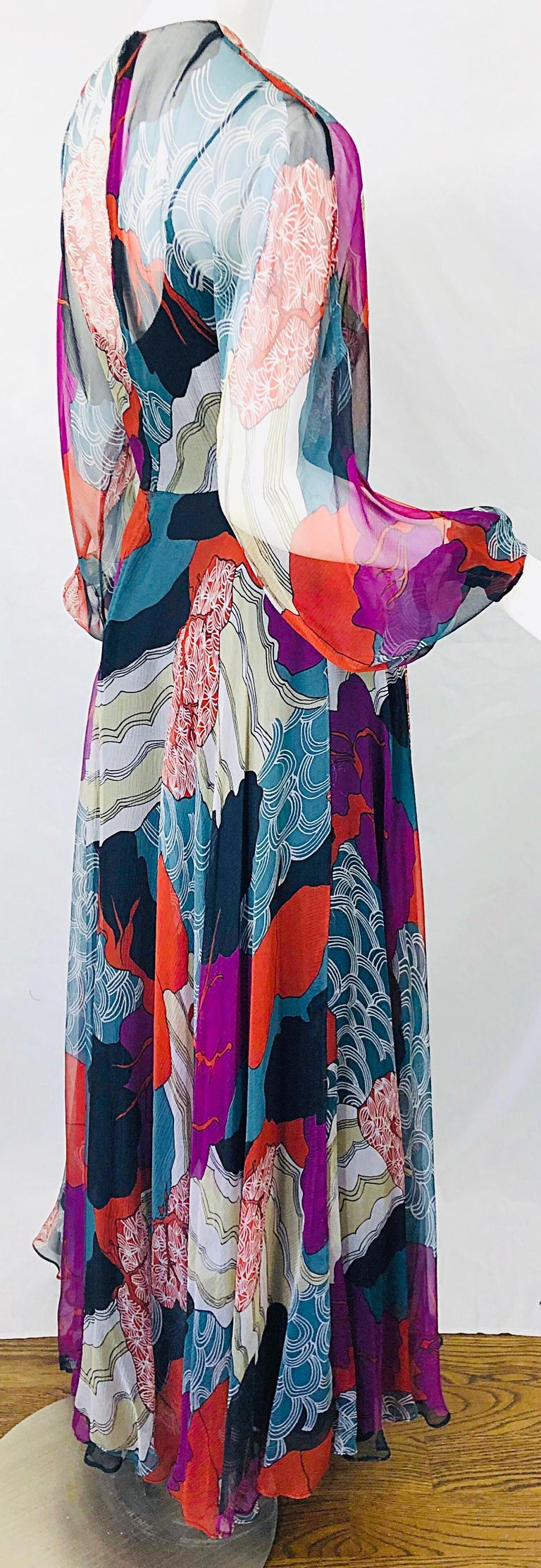 1970s Christian Dior By Marc Bohan Hiroshige Wave Silk Chiffon Vintage 70s Gown For Sale 9
