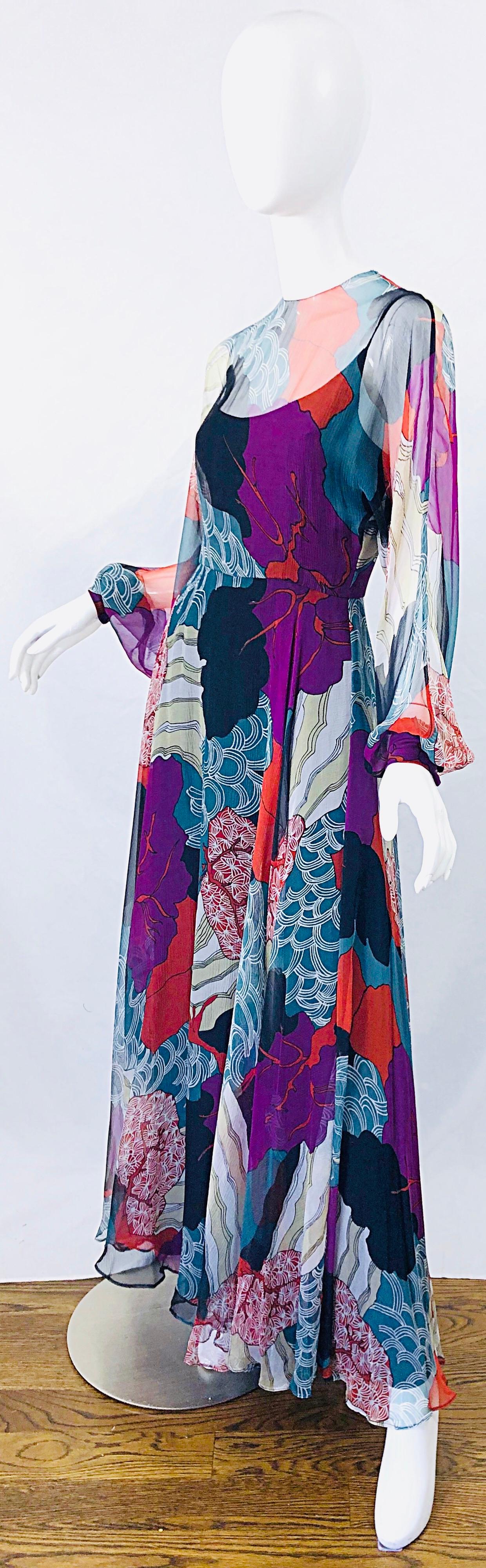 1970s Christian Dior By Marc Bohan Hiroshige Wave Silk Chiffon Vintage 70s Gown 7