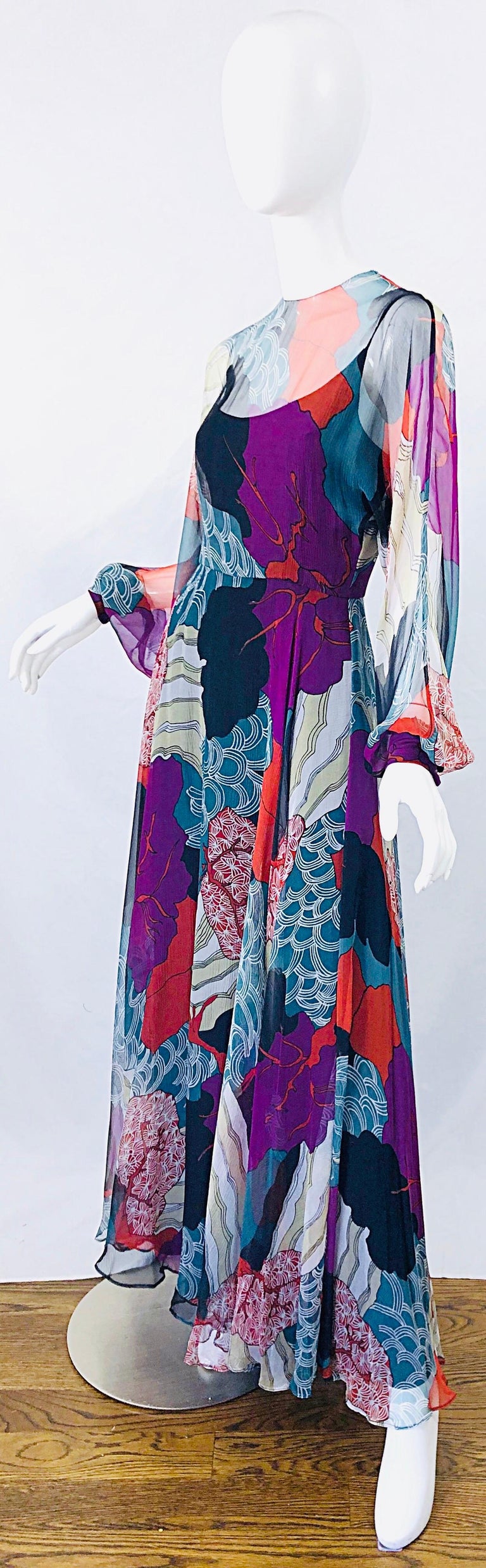 1970s Christian Dior By Marc Bohan Hiroshige Wave Silk Chiffon Vintage 70s Gown For Sale 10