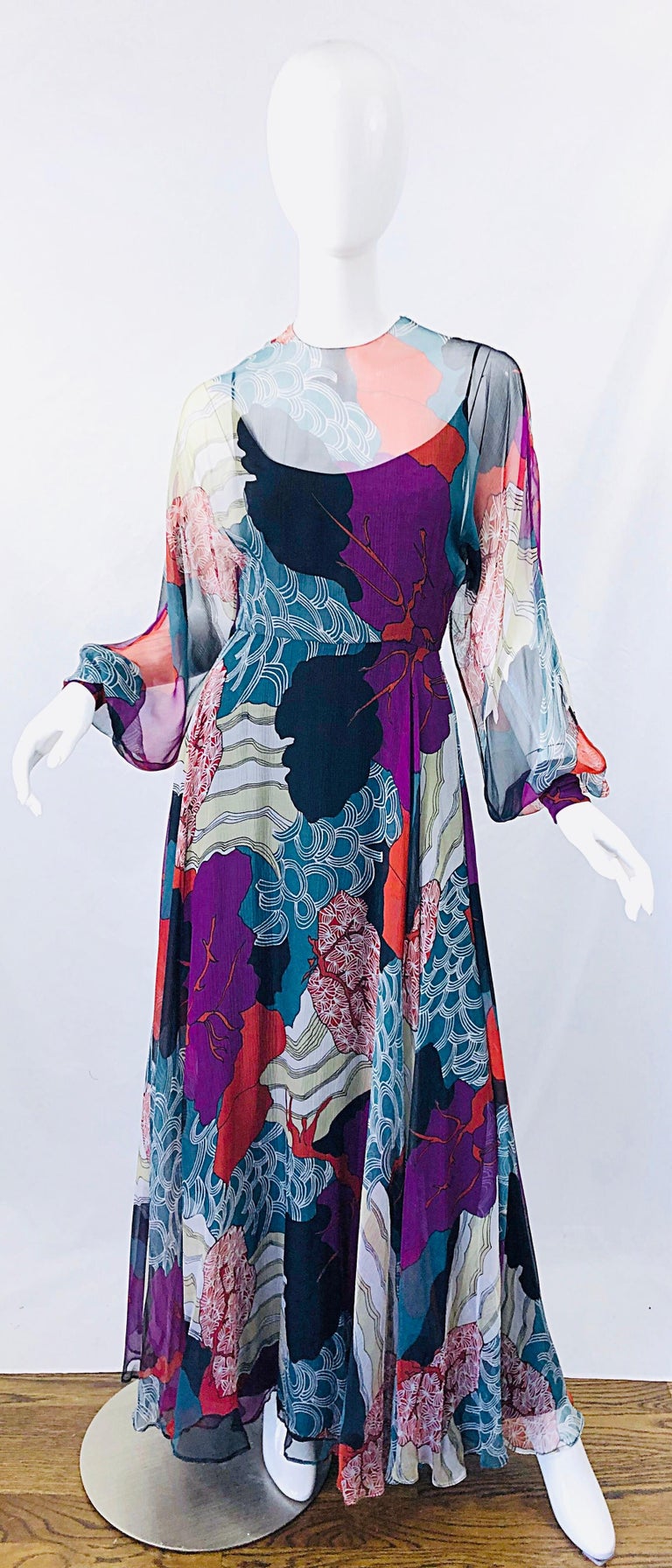 1970s Christian Dior By Marc Bohan Hiroshige Wave Silk Chiffon Vintage 70s Gown For Sale 11