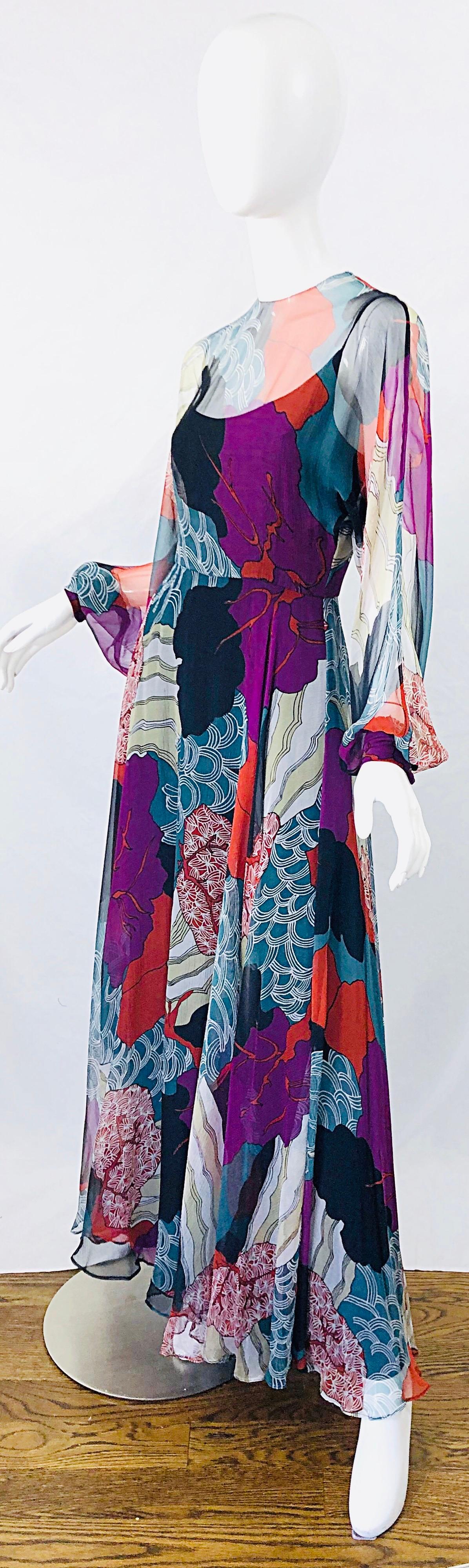 Purple 1970s Christian Dior By Marc Bohan Hiroshige Wave Silk Chiffon Vintage 70s Gown