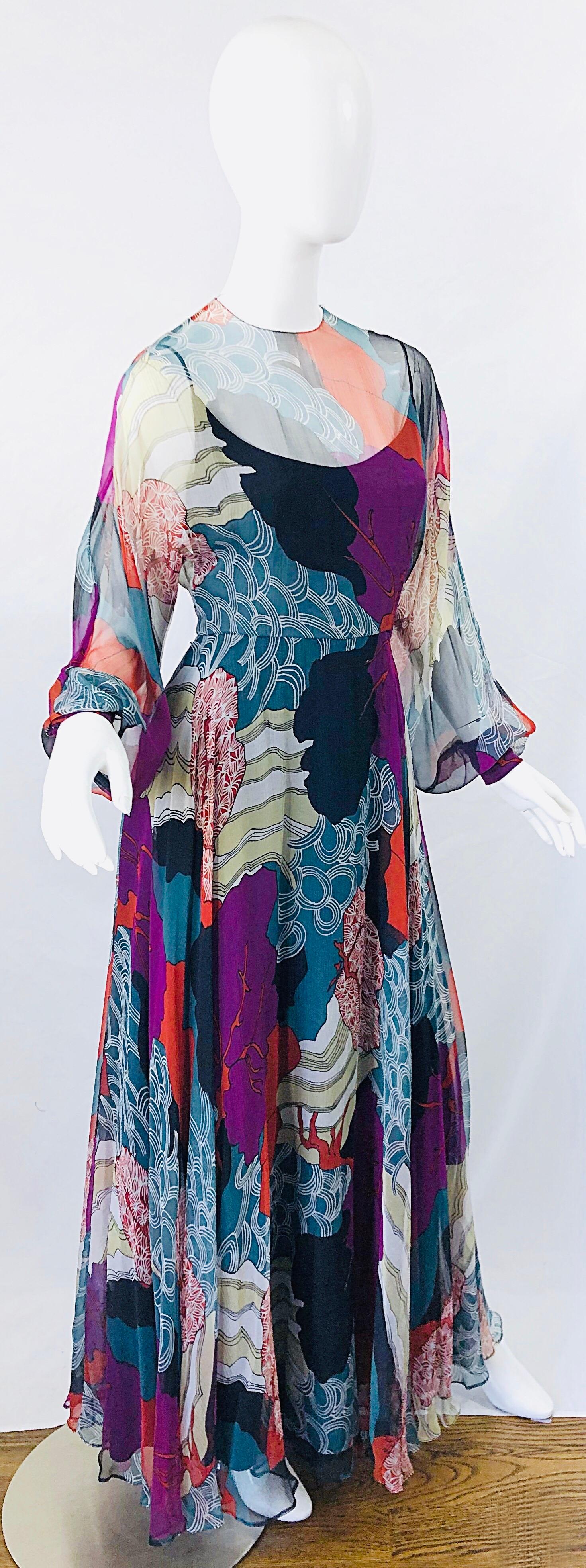 1970s Christian Dior By Marc Bohan Hiroshige Wave Silk Chiffon Vintage 70s Gown In Excellent Condition In San Diego, CA