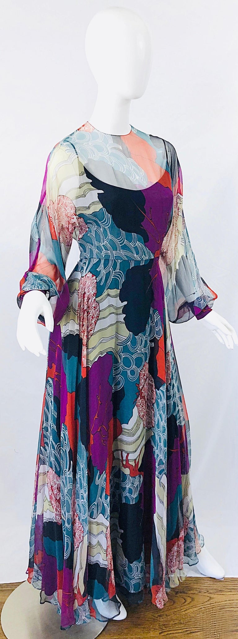 1970s Christian Dior By Marc Bohan Hiroshige Wave Silk Chiffon Vintage 70s Gown For Sale 2