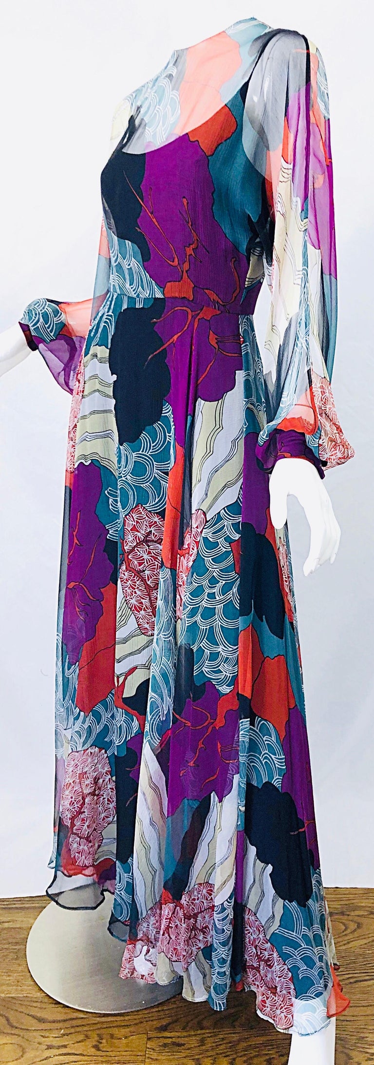 1970s Christian Dior By Marc Bohan Hiroshige Wave Silk Chiffon Vintage 70s Gown For Sale 4