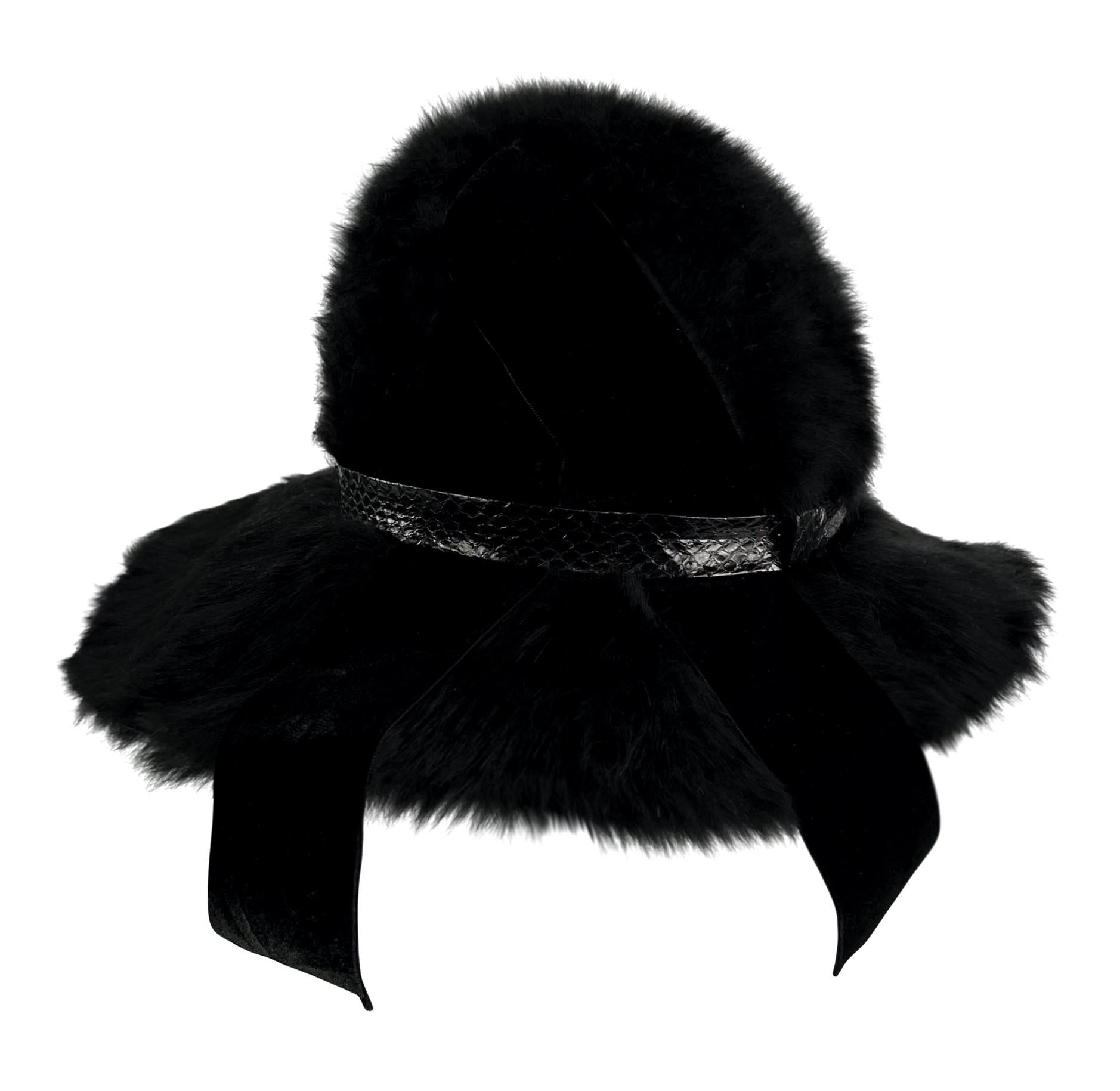 1970s Christian Dior Chapeaux Black Faux Fur Embossed Leather Floppy Brim Hat In Excellent Condition For Sale In West Hollywood, CA