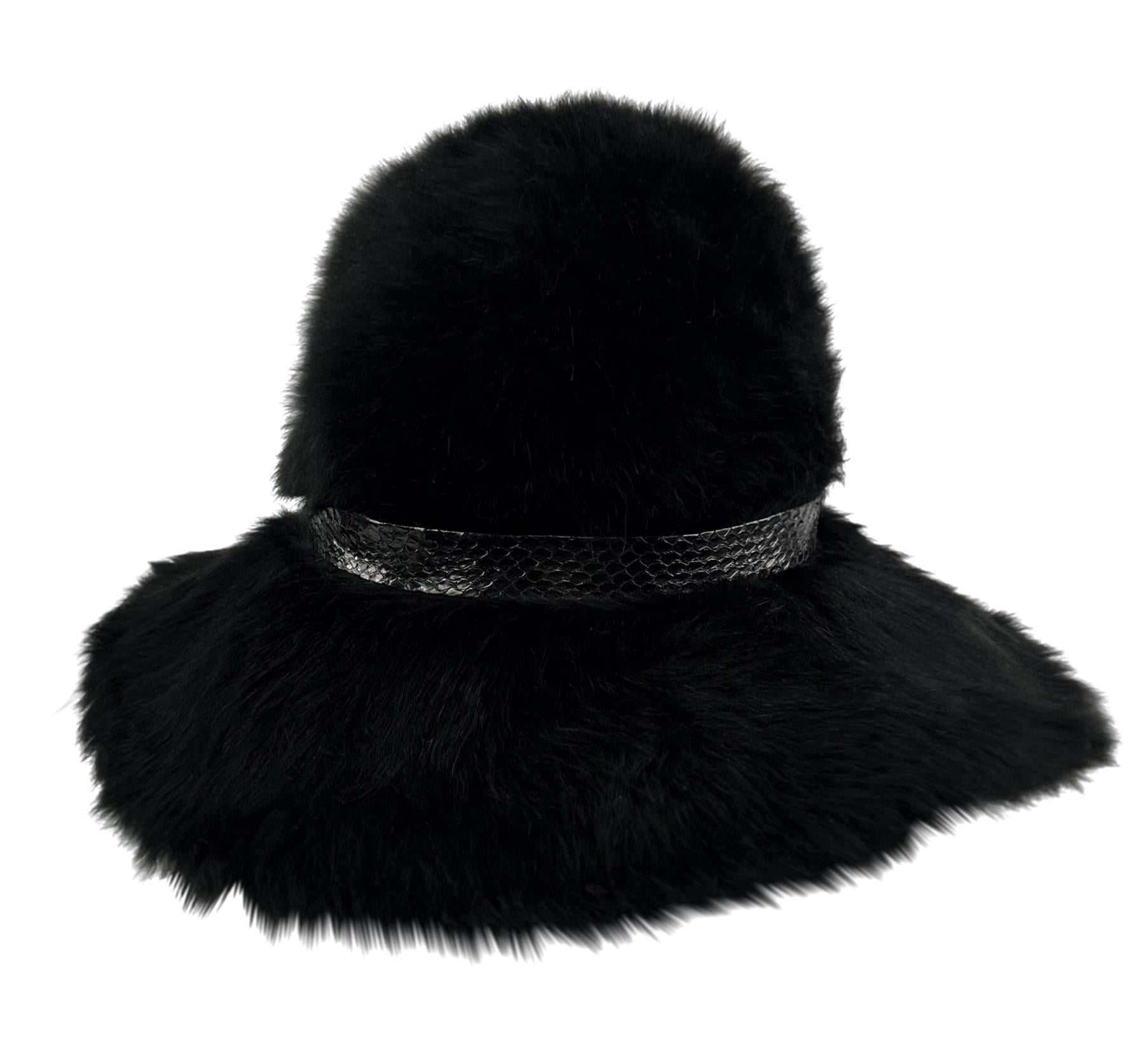 1970s Christian Dior Chapeaux Black Faux Fur Embossed Leather Floppy Brim Hat For Sale 1