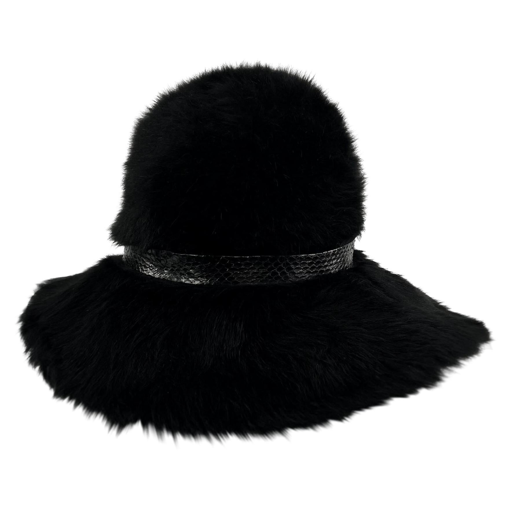 1970s Christian Dior Chapeaux Black Faux Fur Embossed Leather Floppy Brim Hat For Sale