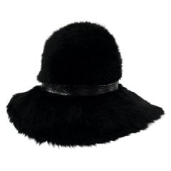 1970s Christian Dior Chapeaux Black Faux Fur Embossed Leather Floppy Brim Hat