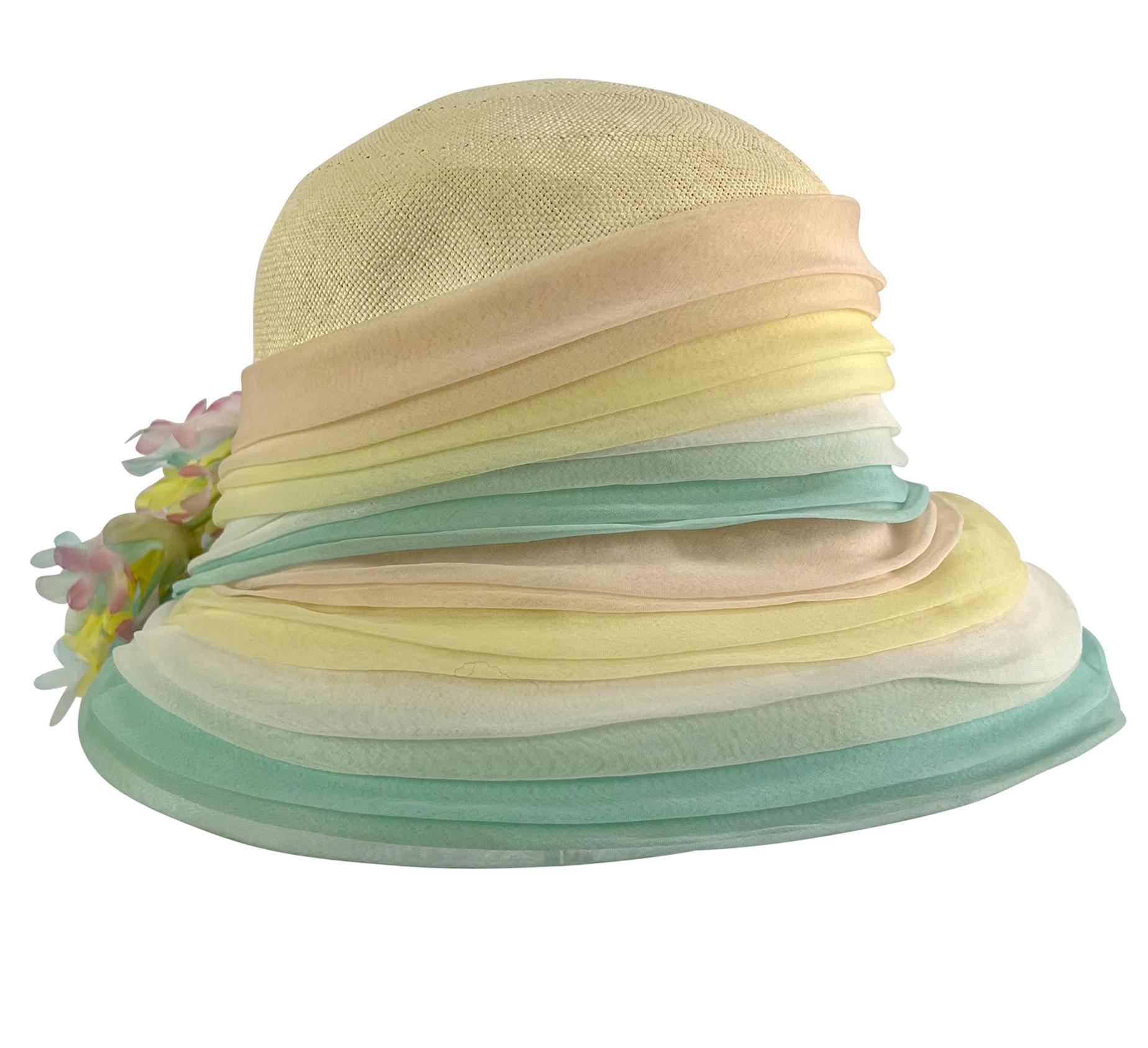Beige 1970s Christian Dior Chapeaux Pastel Faux Flower Ruched Raffia Round Brim Hat For Sale