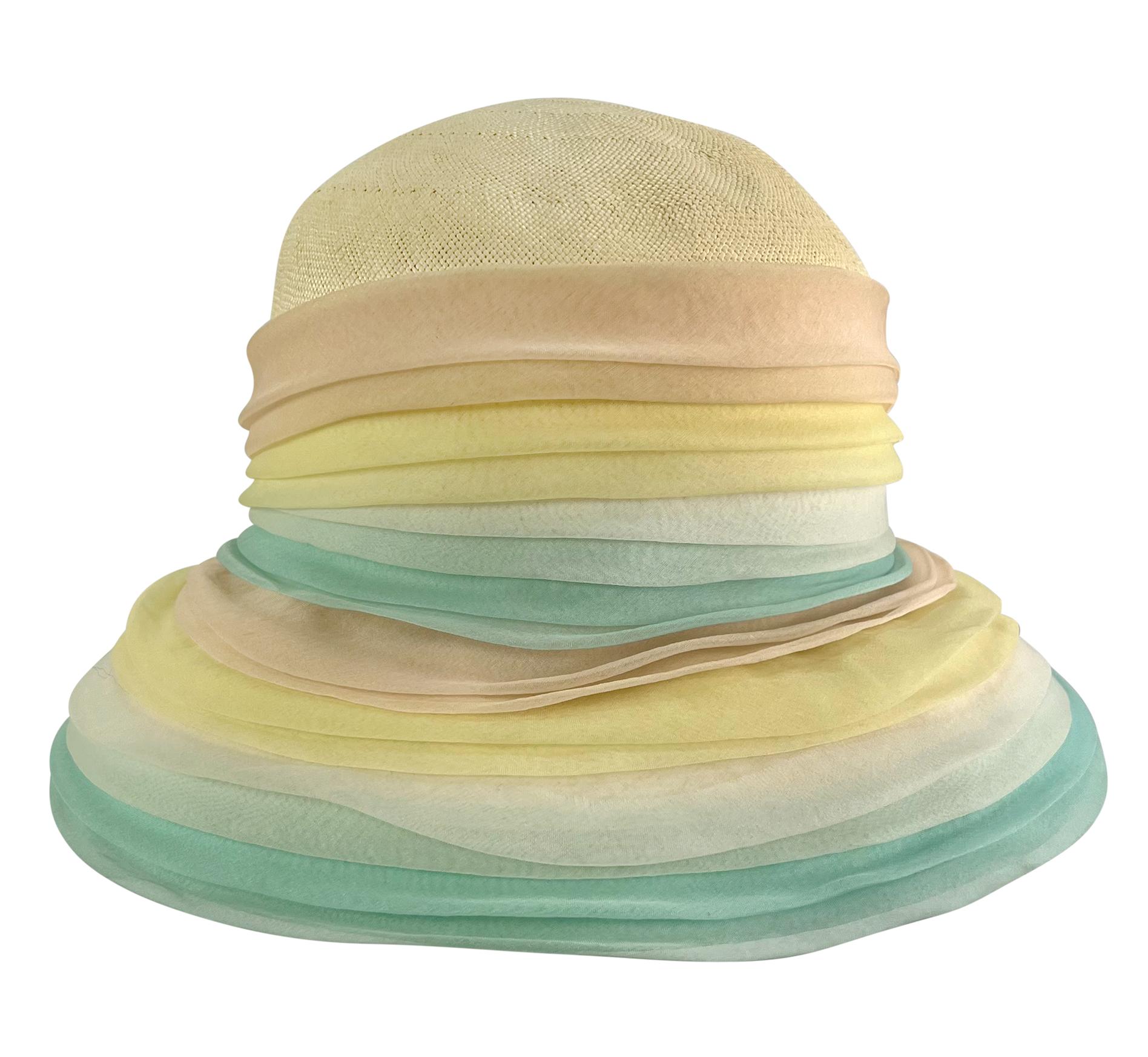 1970s Christian Dior Chapeaux Pastel Faux Flower Ruched Raffia Round Brim Hat In Excellent Condition For Sale In West Hollywood, CA