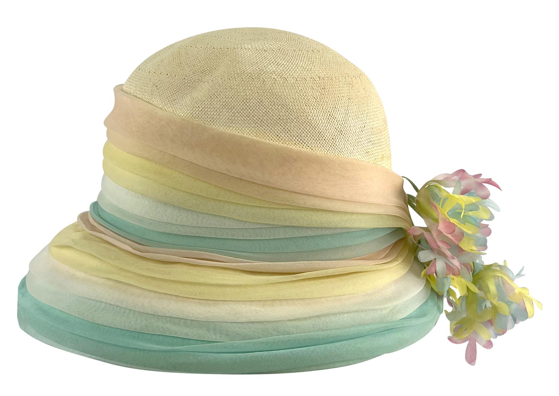 Women's 1970s Christian Dior Chapeaux Pastel Faux Flower Ruched Raffia Round Brim Hat For Sale