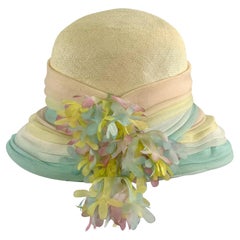 1970s Christian Dior Chapeaux Pastel Faux Flower Ruched Raffia Round Brim Hat