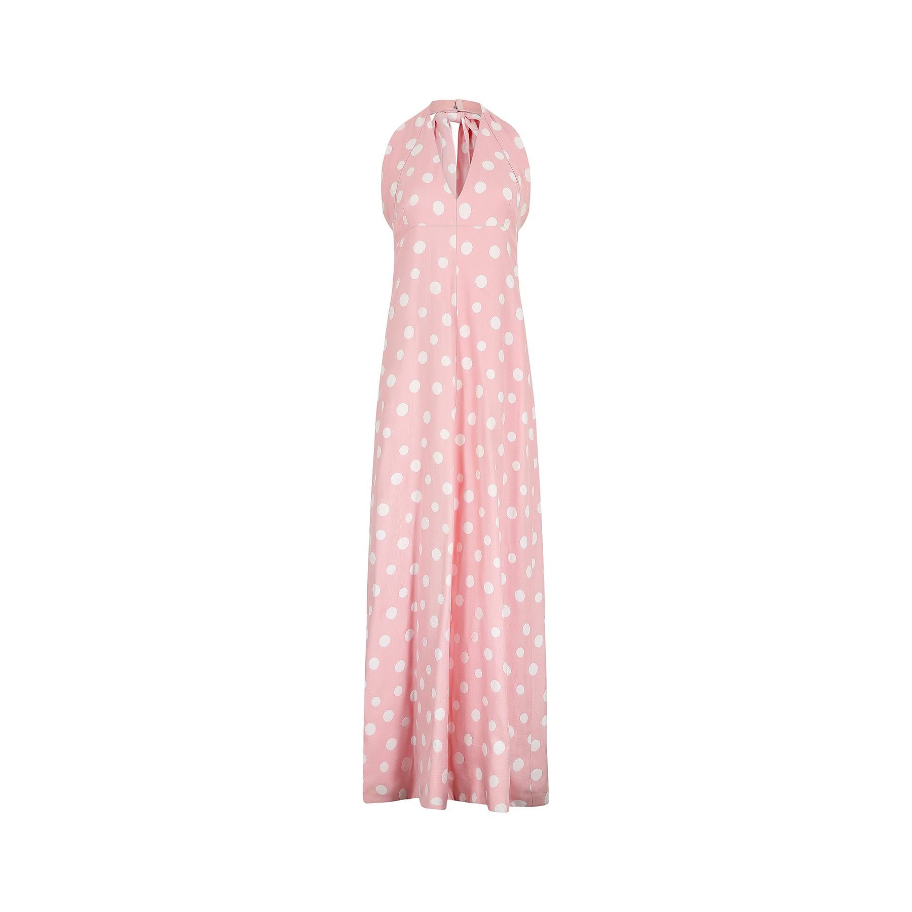 1970s Christian Dior Couture Pink Polka Dot Halter Neck Dress 1