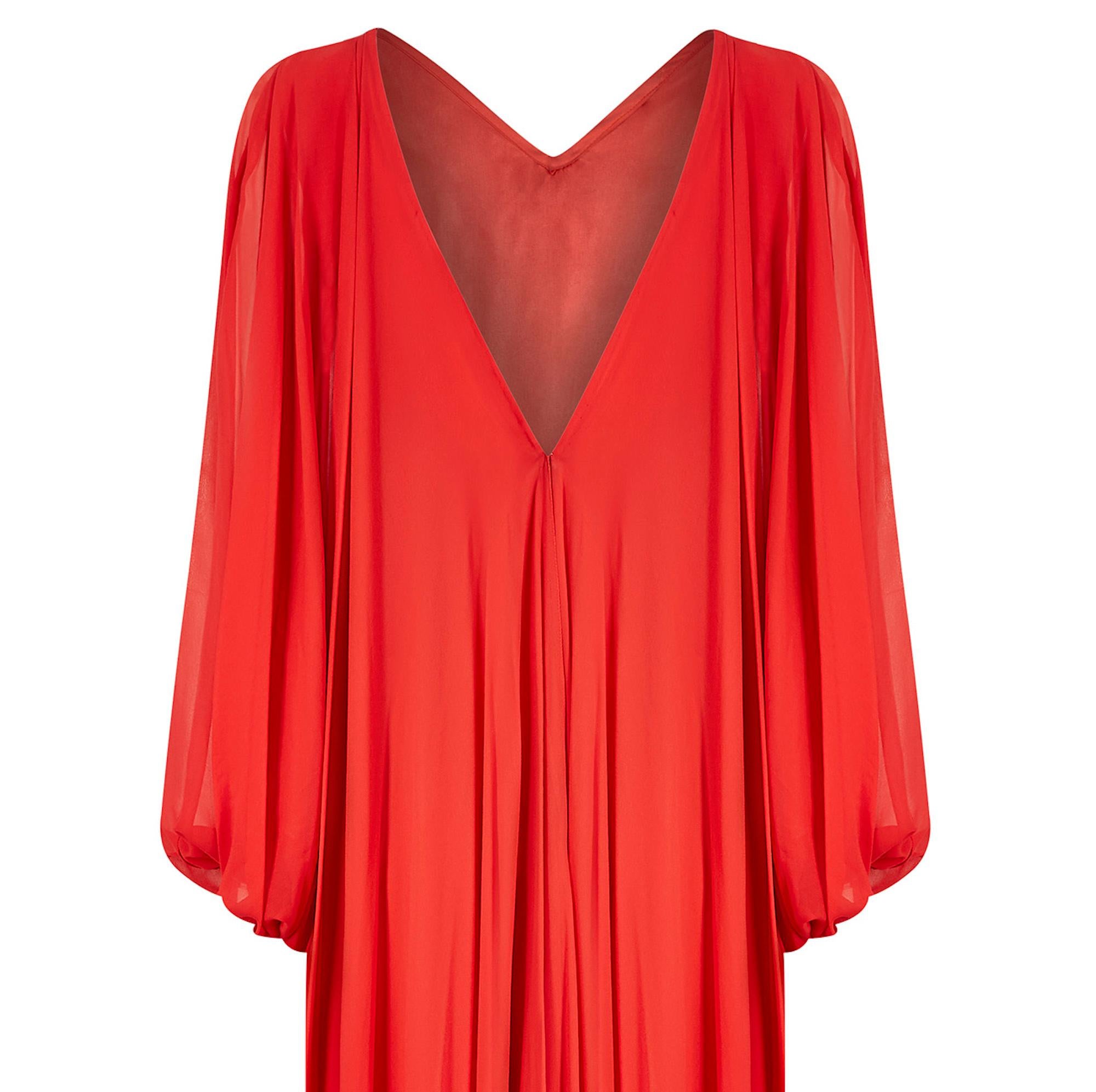 1970er Christian Dior Demi Couture Rotes Seiden-Chiffonkleid aus Seide im Angebot 1