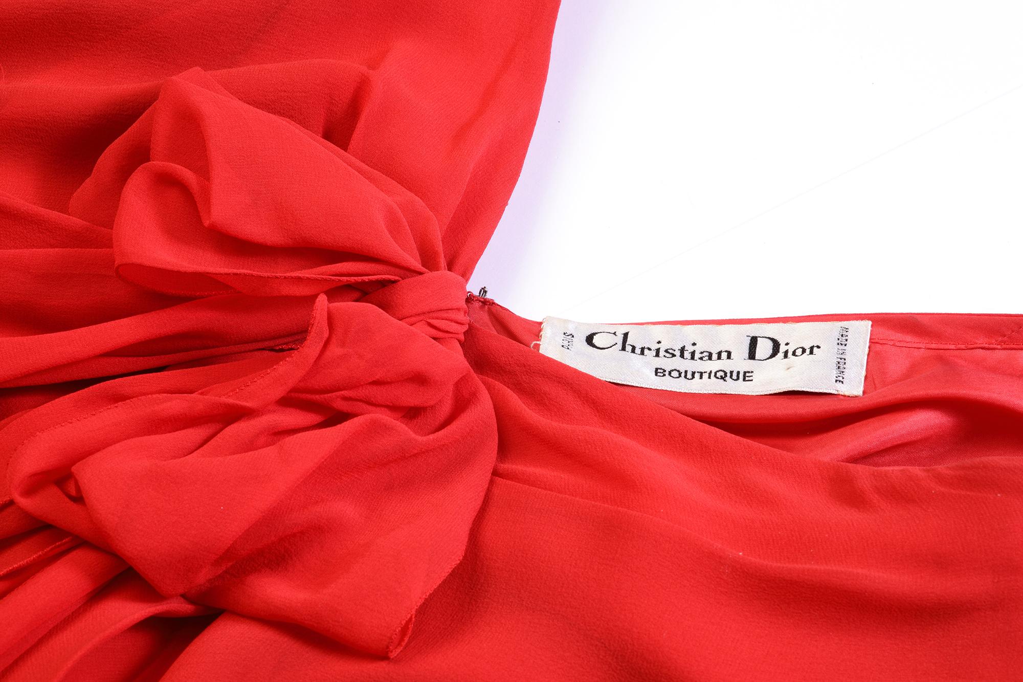 1970s Christian Dior Demi Couture Red Silk Chiffon Dress For Sale 2