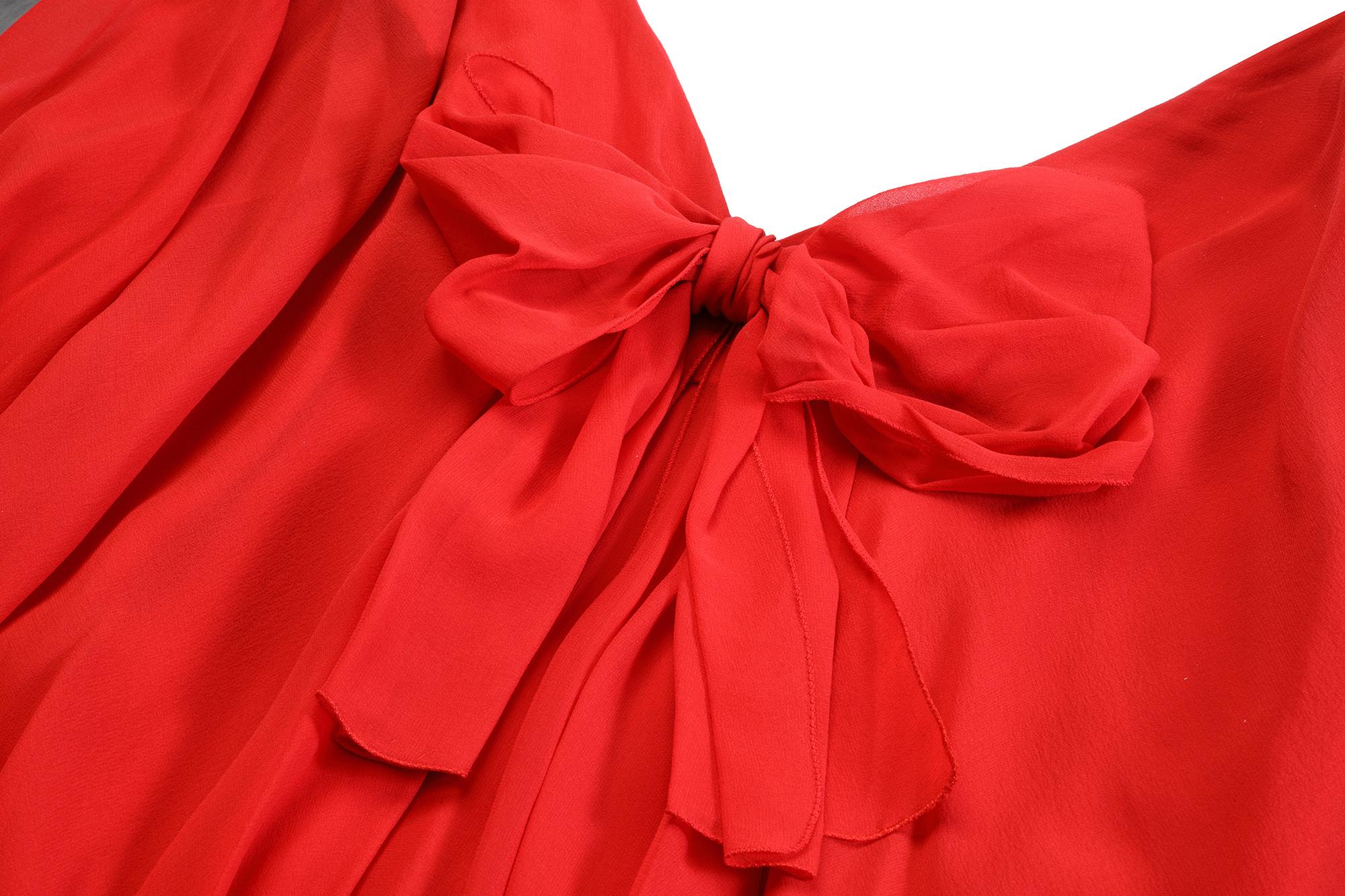 1970s Christian Dior Demi Couture Red Silk Chiffon Dress For Sale 3