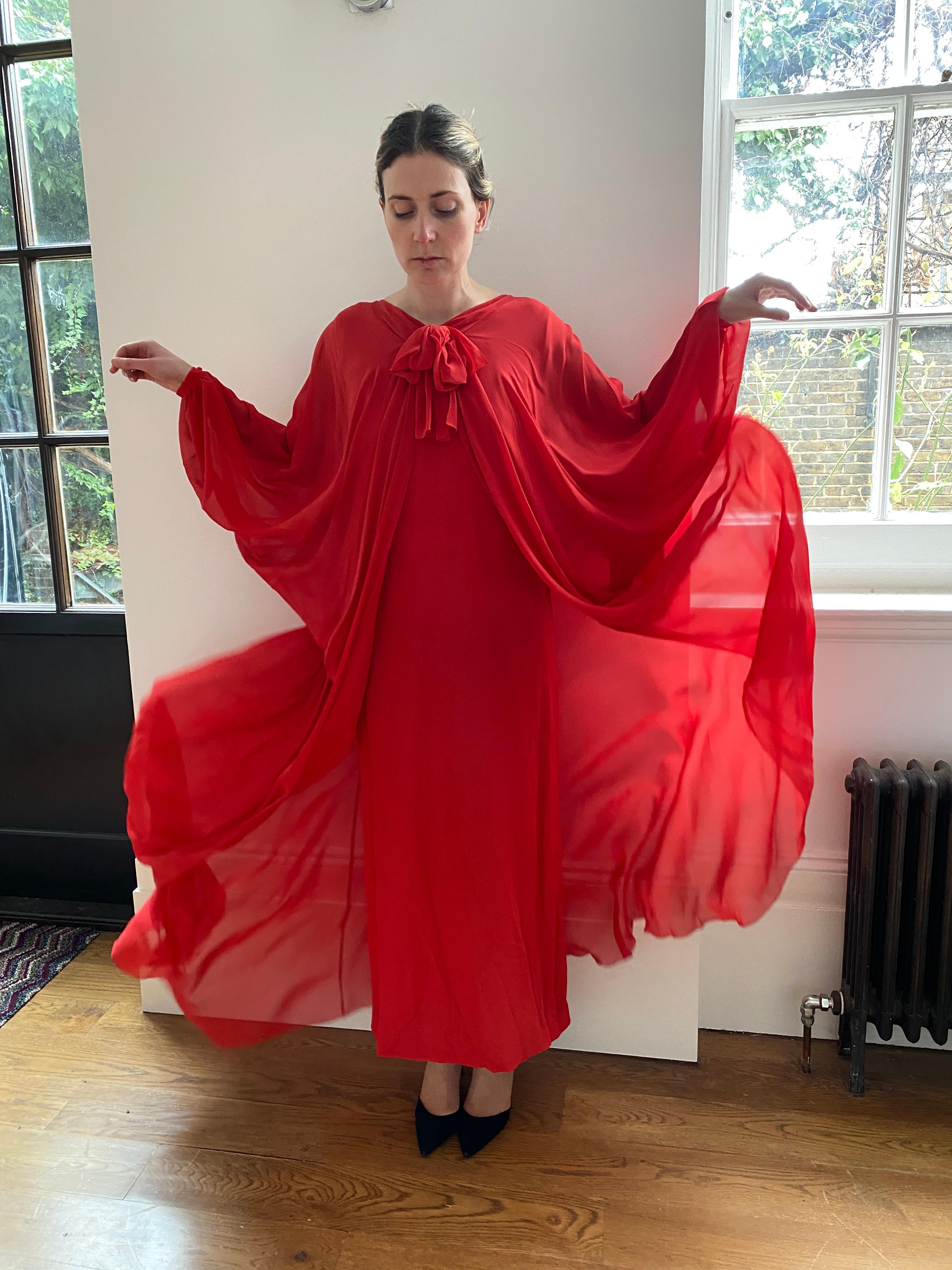 1970s Christian Dior Demi Couture Red Silk Chiffon Dress For Sale 5