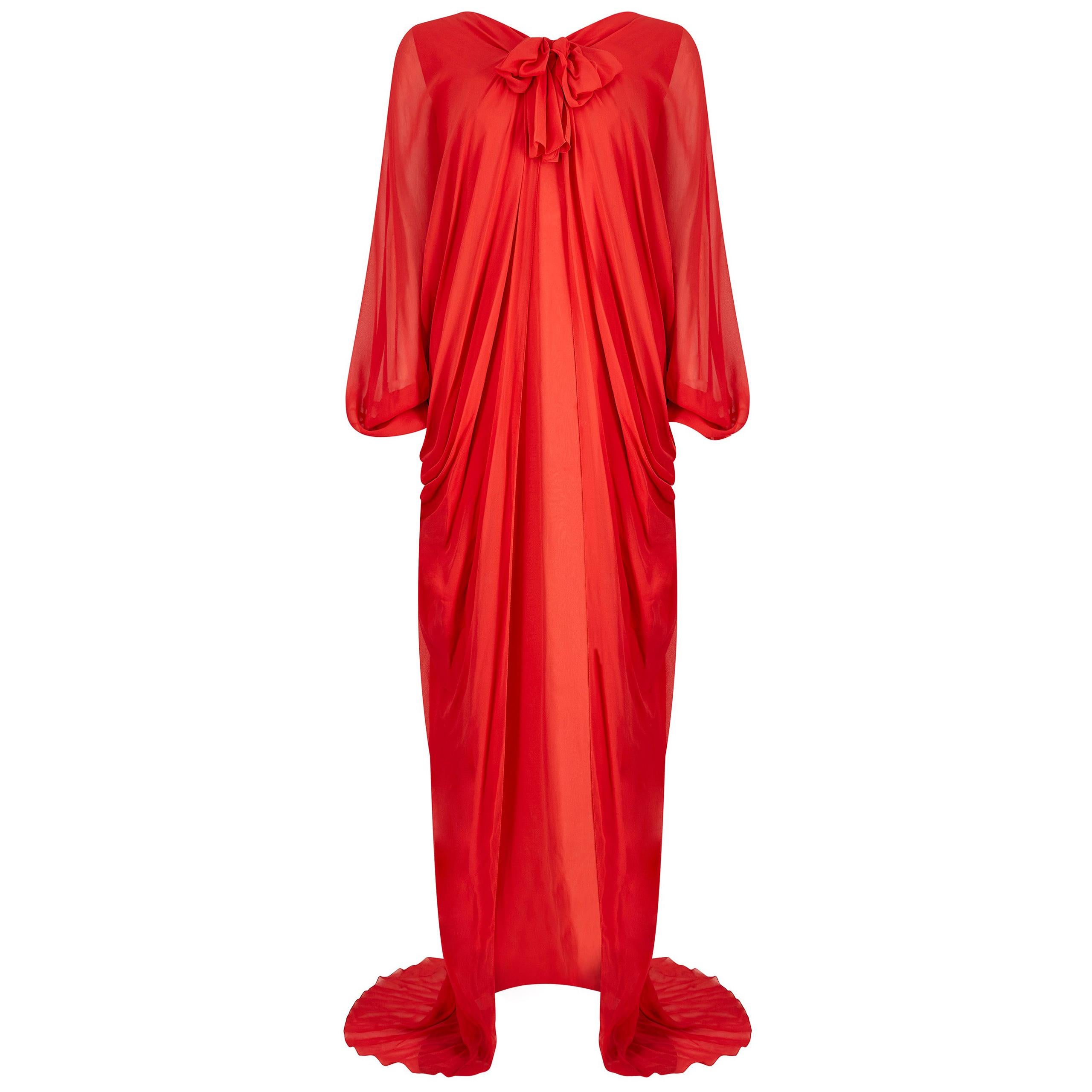 1970er Christian Dior Demi Couture Rotes Seiden-Chiffonkleid aus Seide im Angebot