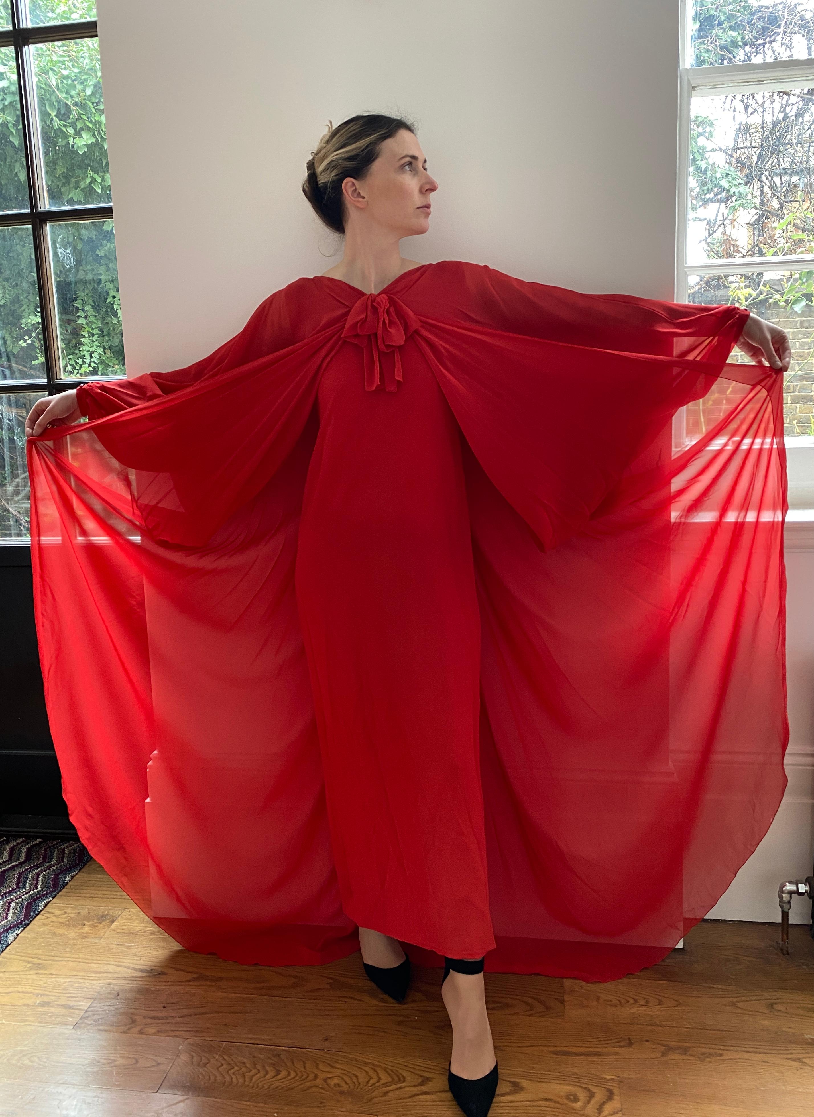 1970s Christian Dior by Marc Bohan Deep Coral Silk Chiffon Caftan Dress w Sash