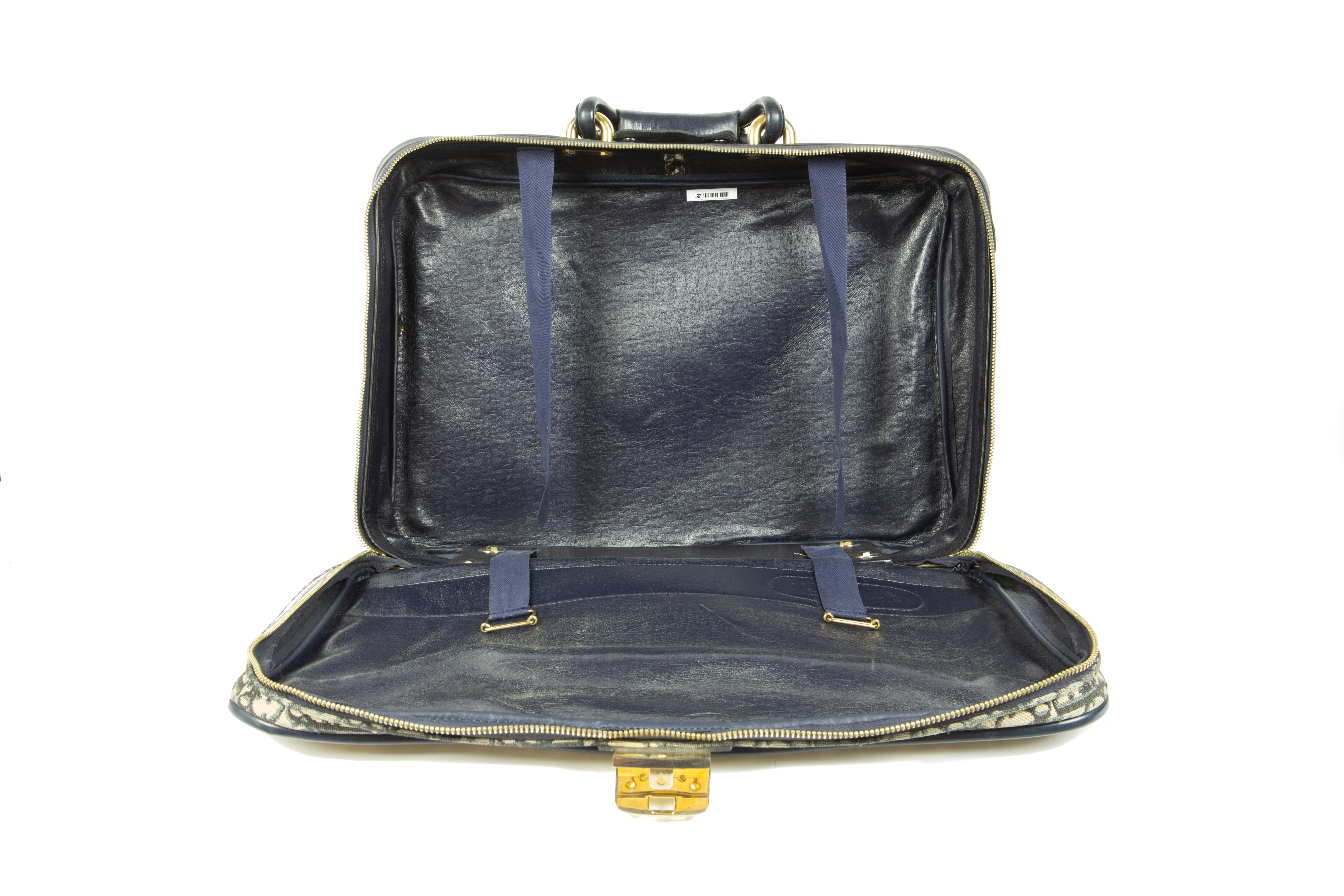 1970s Christian Dior Ecru And Blue Canvas Monogram Suitcase In Good Condition In London, GB