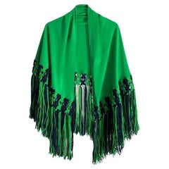 1970's Christian Dior Fringed Wool Green Shawl Poncho 
