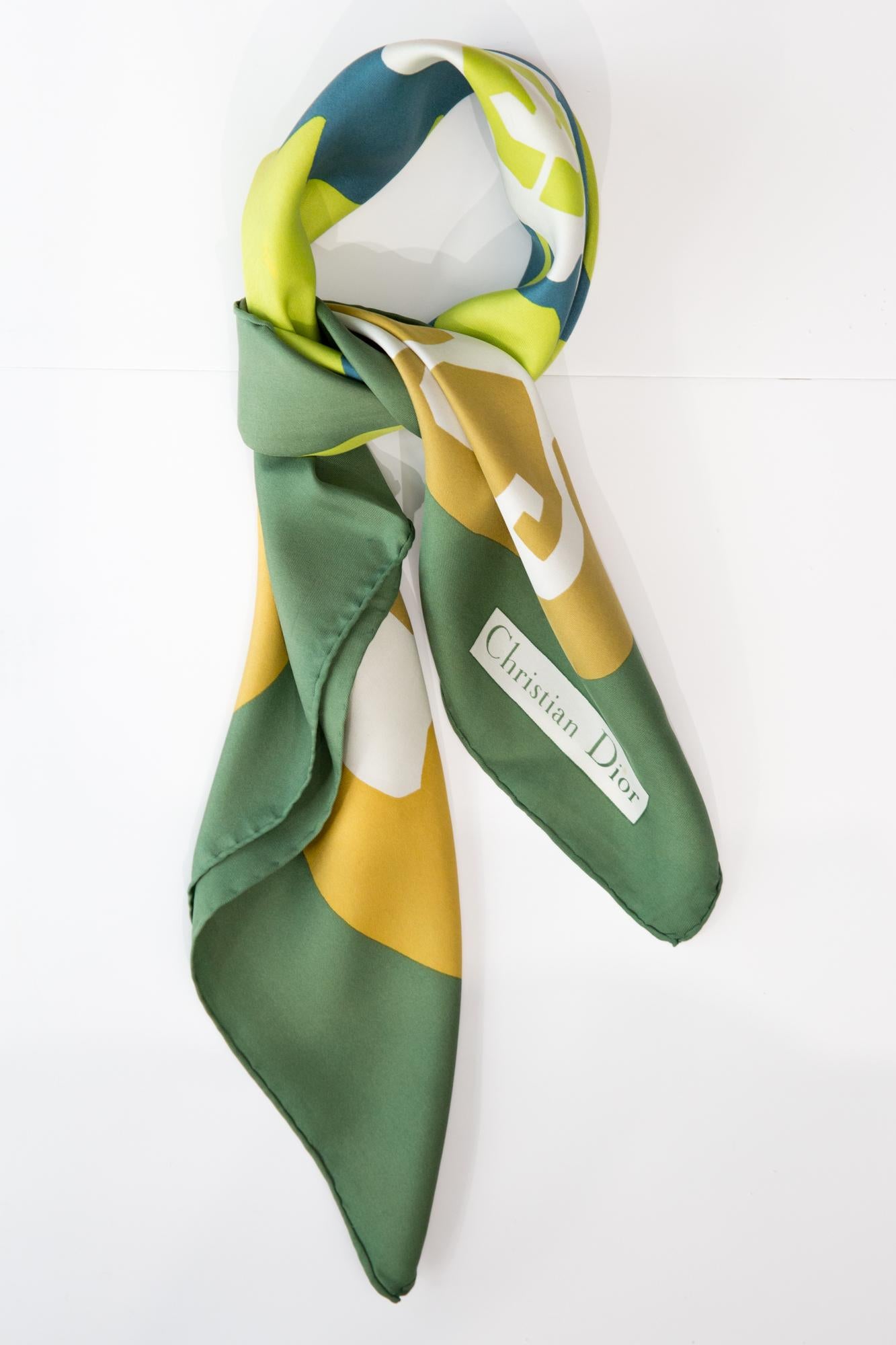 Gray 1970s Christian Dior Green Silk Scarf