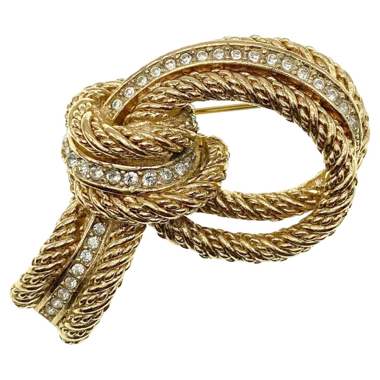 1970s Christian Dior Knotted Gold Rope and Crystal Brooch For Sale