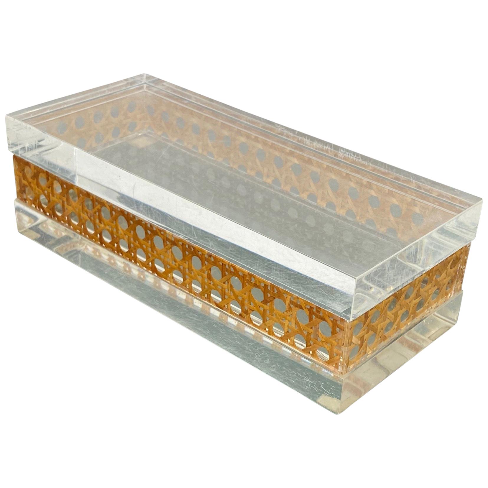 1970s Christian Dior Lucite Decorative Box with Wicker Rattan Canework, France