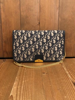 1970s CHRISTIAN DIOR Navy Trotter Jacquard Chain Shoulder Bag