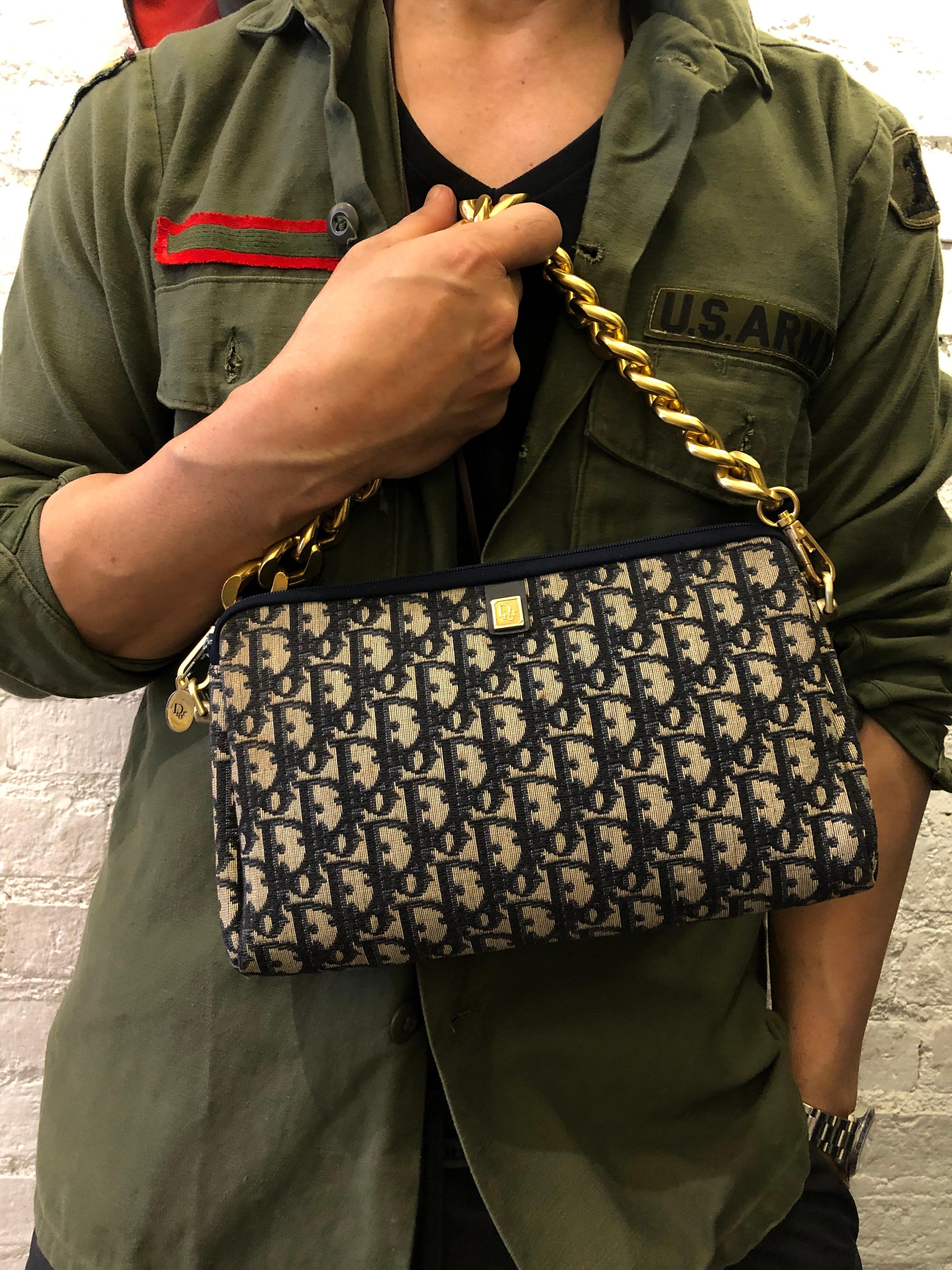 Women's 1970s CHRISTIAN DIOR Navy Trotter Jacquard Clutch Bag (Modified)