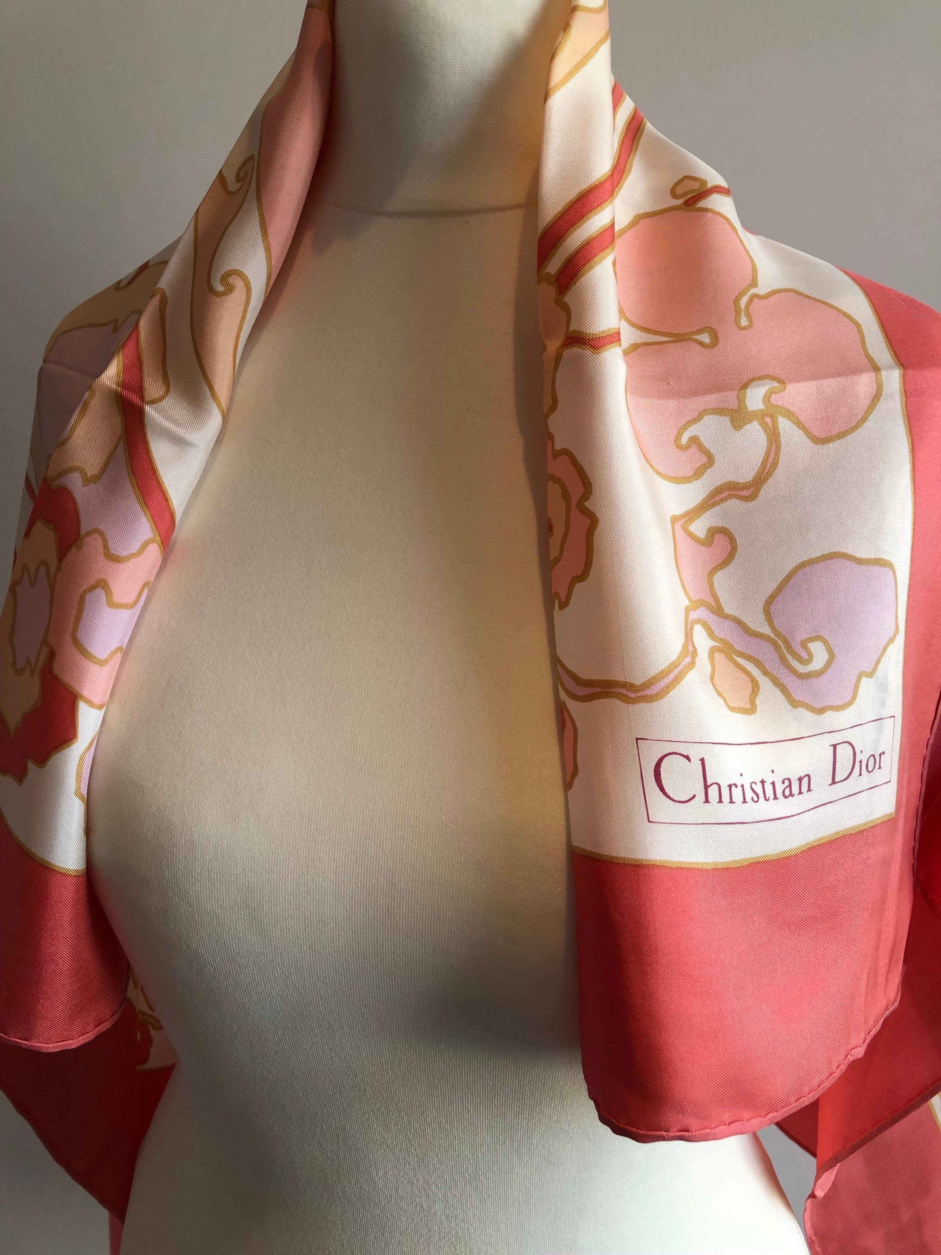 1970s CHRISTIAN DIOR Print Scarf Dark Pink Multi Vintage In Good Condition For Sale In London, GB