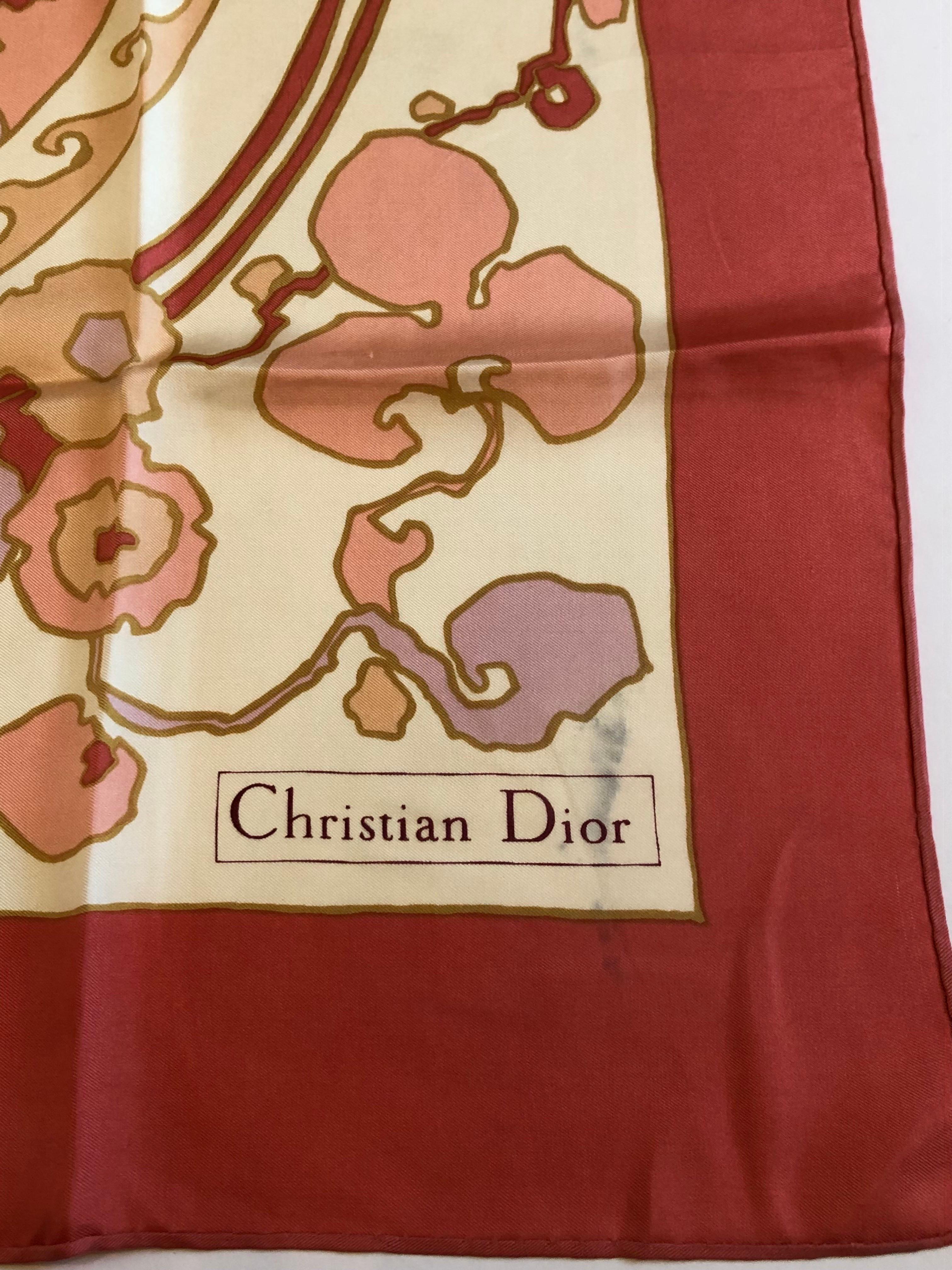 Women's or Men's 1970s CHRISTIAN DIOR Print Scarf Dark Pink Multi Vintage For Sale