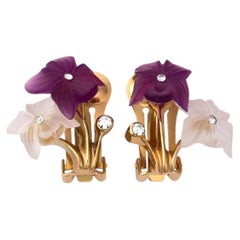 1970s Christian Dior Purple and Clear Floral Earrings