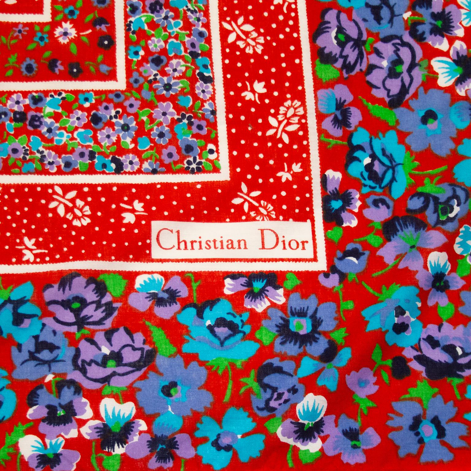 1970s Christian Dior Red and Blue Cotton Chintz Scarf  In Good Condition In Toronto, Ontario