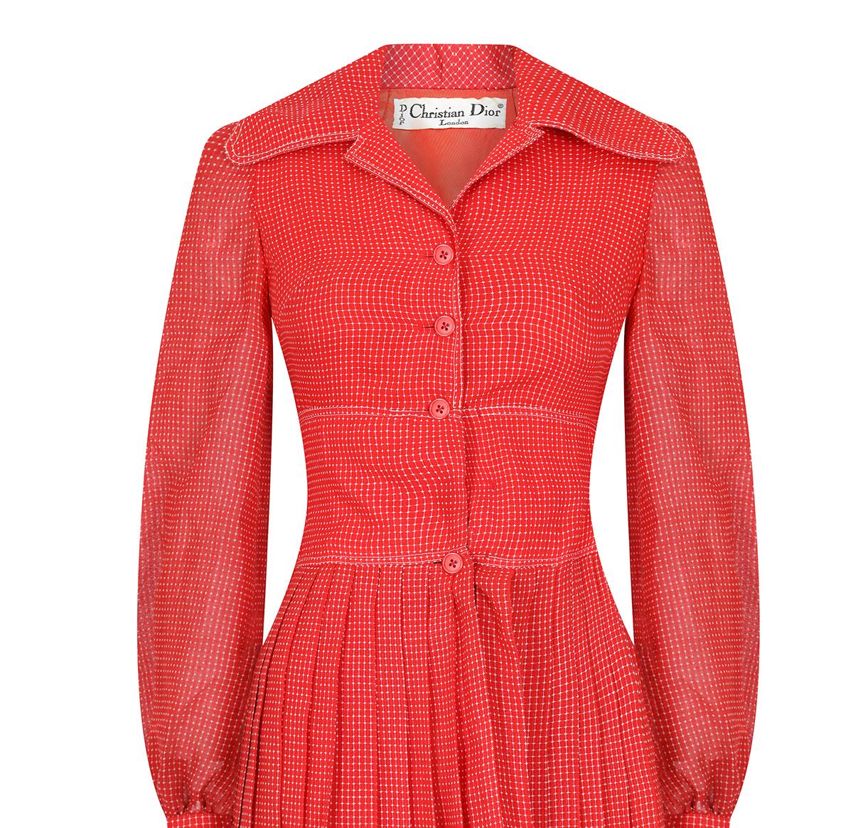 1970s Christian Dior Red Checked Dress For Sale 1