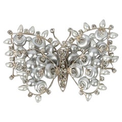 1970s Christian Dior Silver Butterfly Brooch with Rhinestones