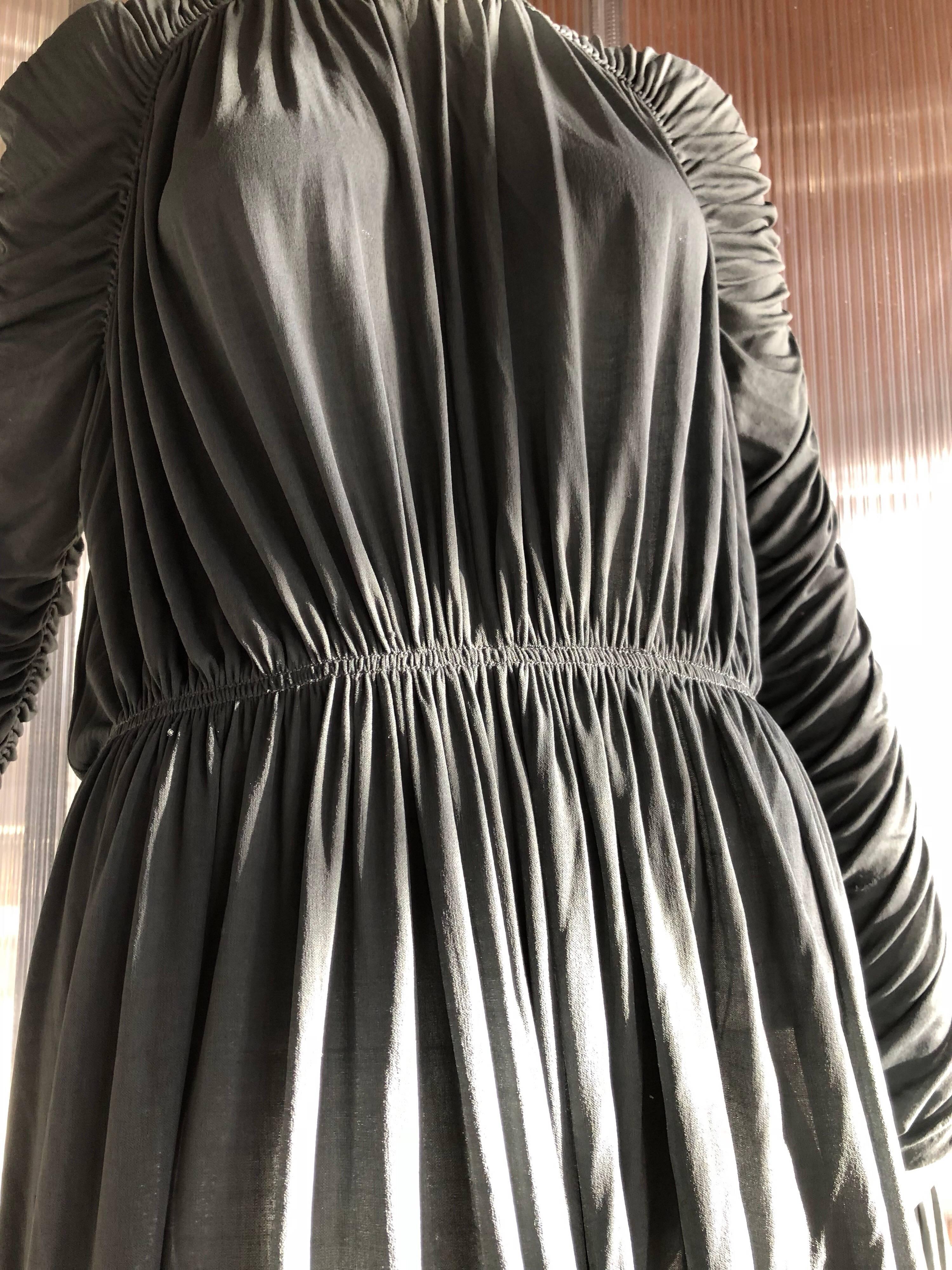 1970s Christian Dior Slate Gray Fine Silk Jersey Ruched Grecian-Style Gown 1