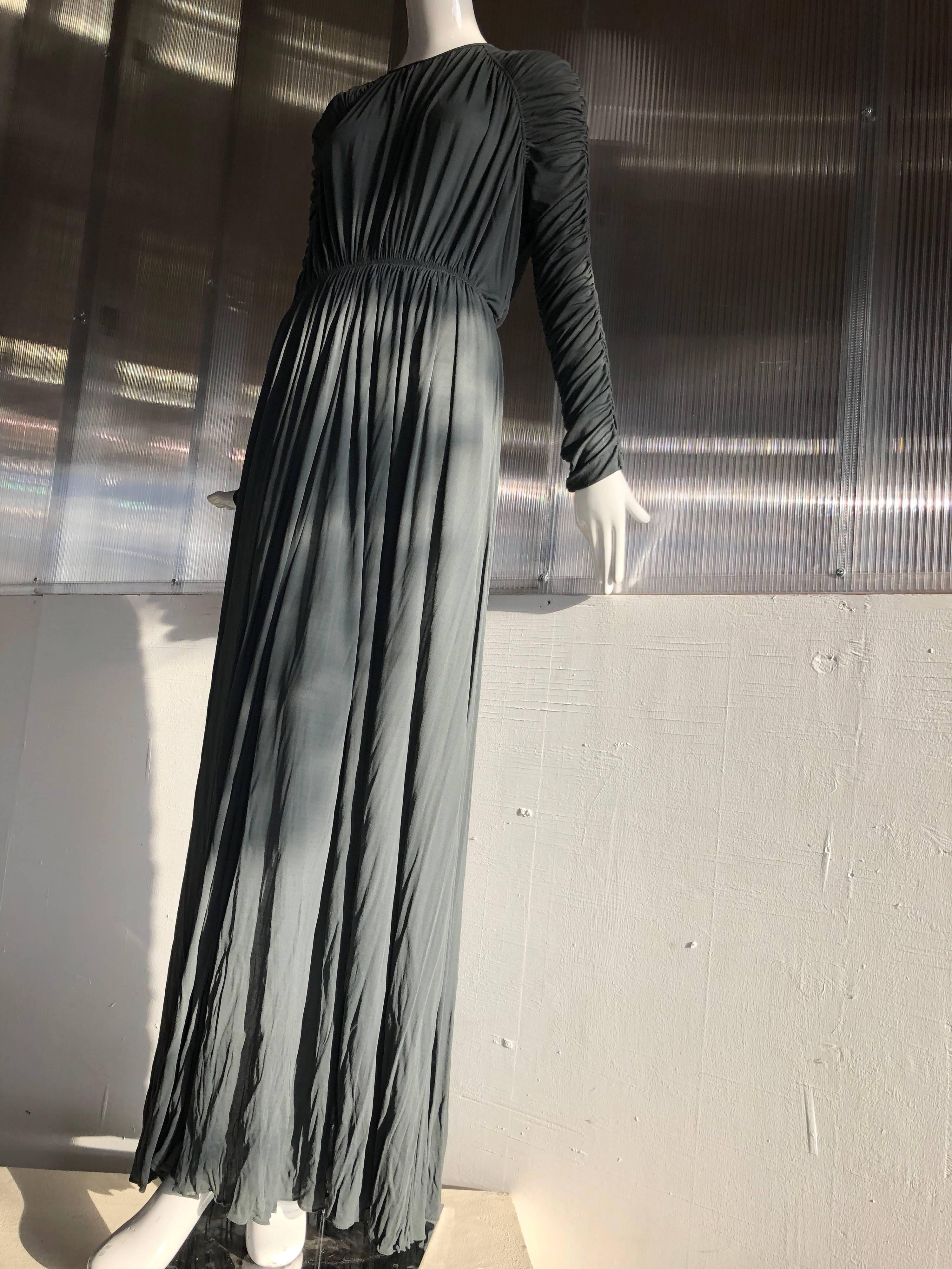 1970s Christian Dior Slate Gray Fine Silk Jersey Ruched Grecian-Style Gown 2