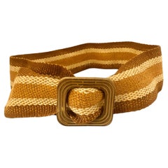 1970s Christian Dior Vintage Striped Boho Hippie Woven Belt with Wooden Buckle
