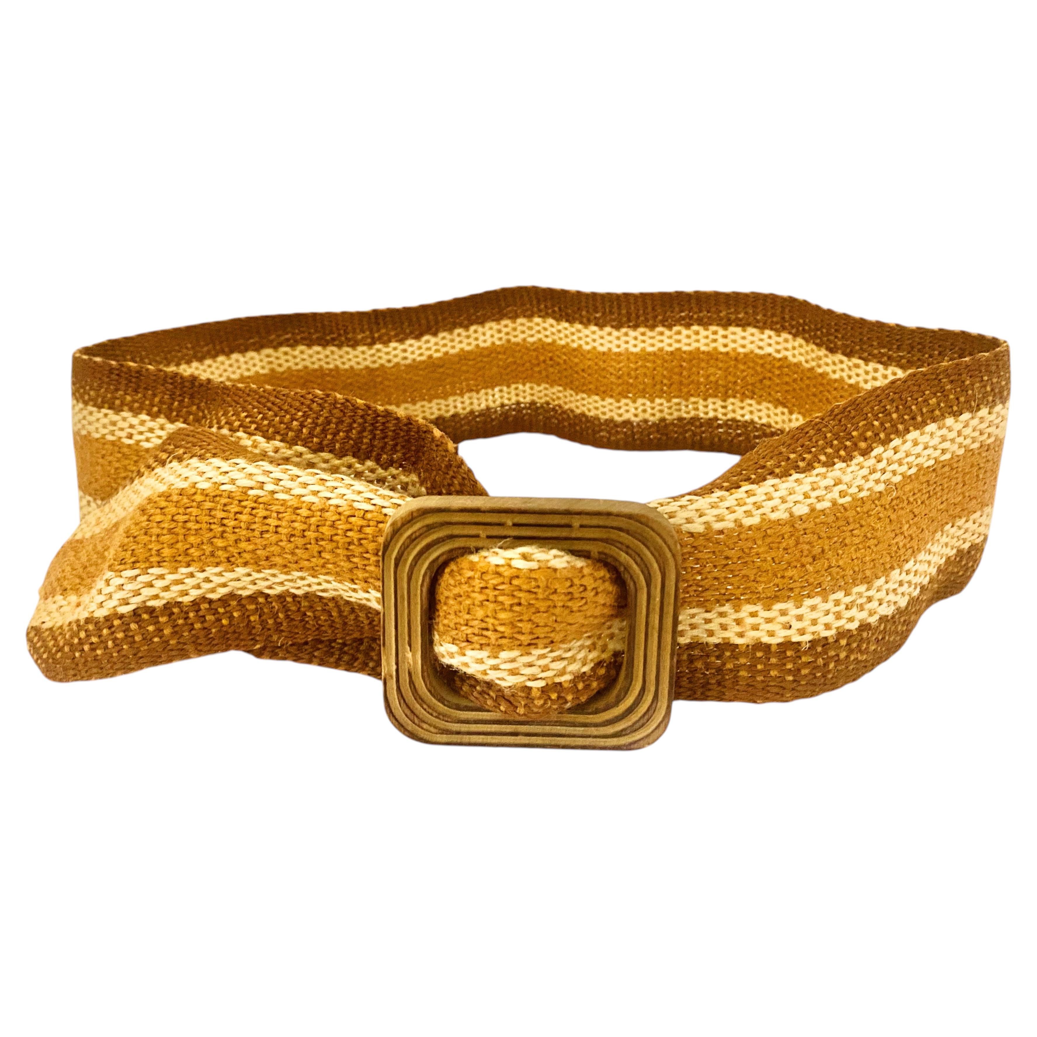 Christian Dior, cintura vintage a righe boho hippie degli anni '70 con fibbia in legno