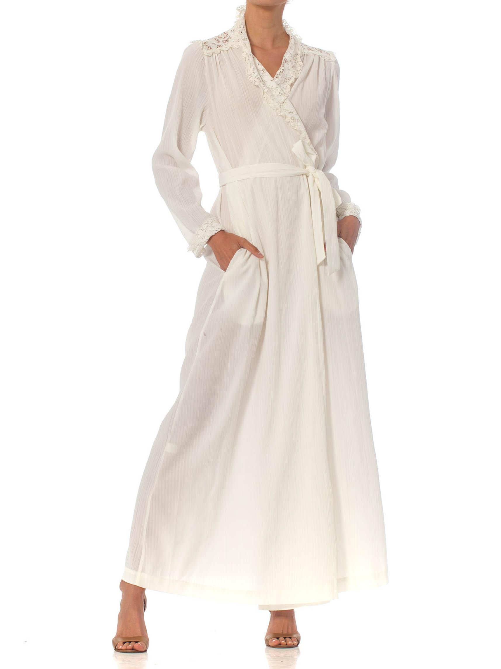 Women's 1970S CHRISTIAN DIOR White Cotton & Lace Wrap Dress / Robe