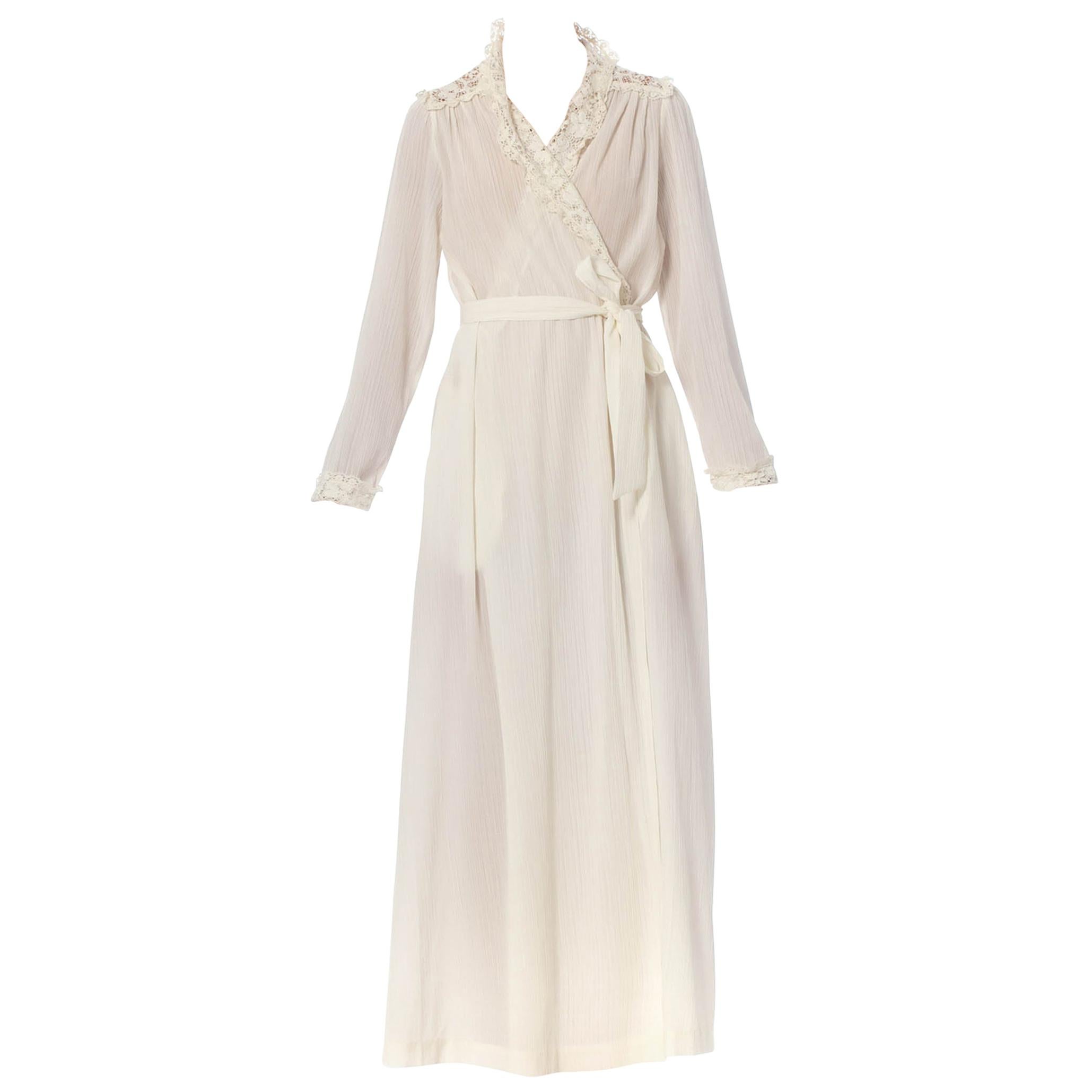 1970S CHRISTIAN DIOR White Cotton & Lace Wrap Dress / Robe